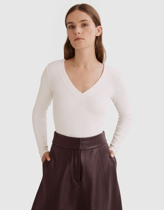 Country Road Deep V-neck Rib Long Sleeve Top