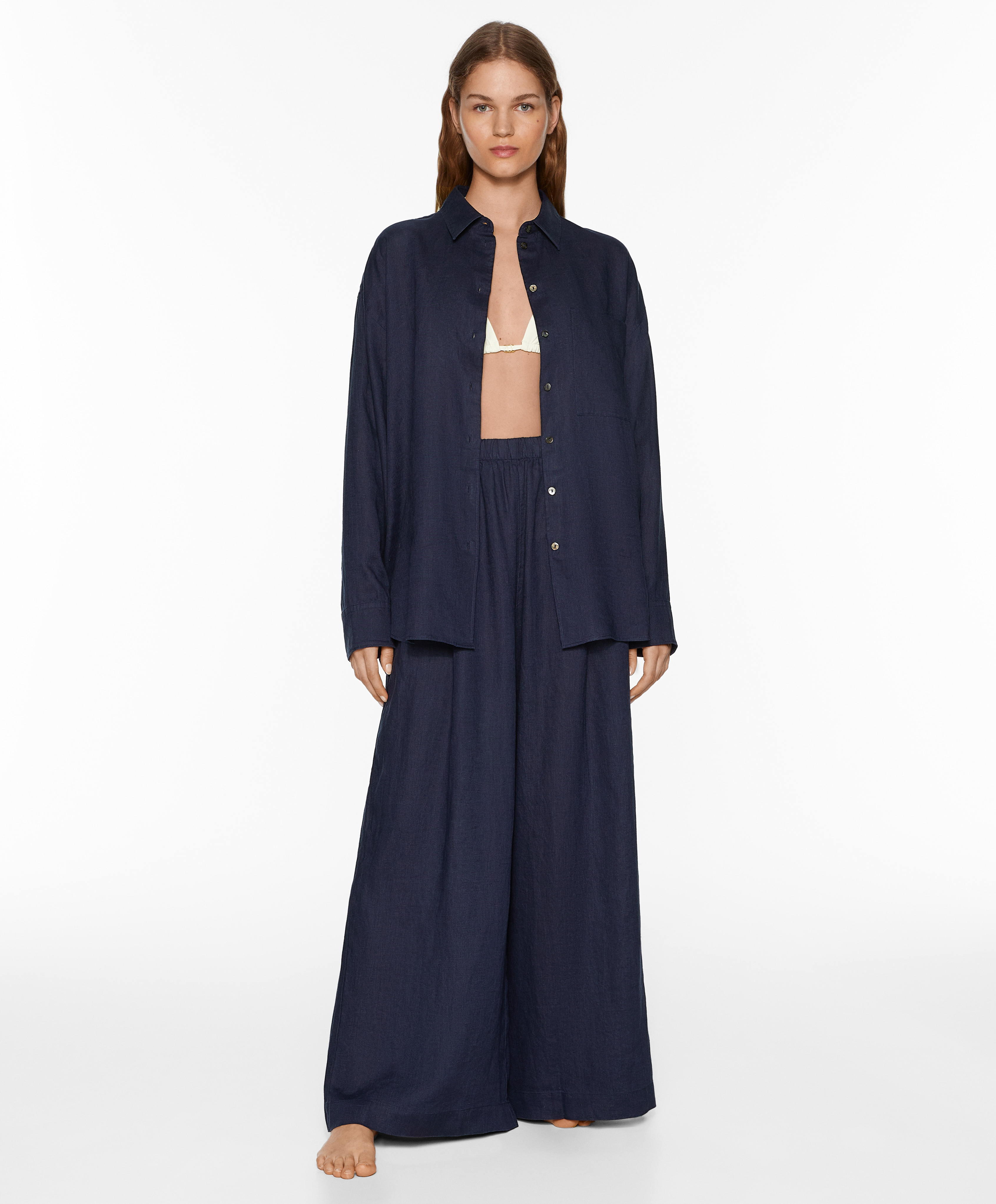 100% linen wide straight-leg trousers