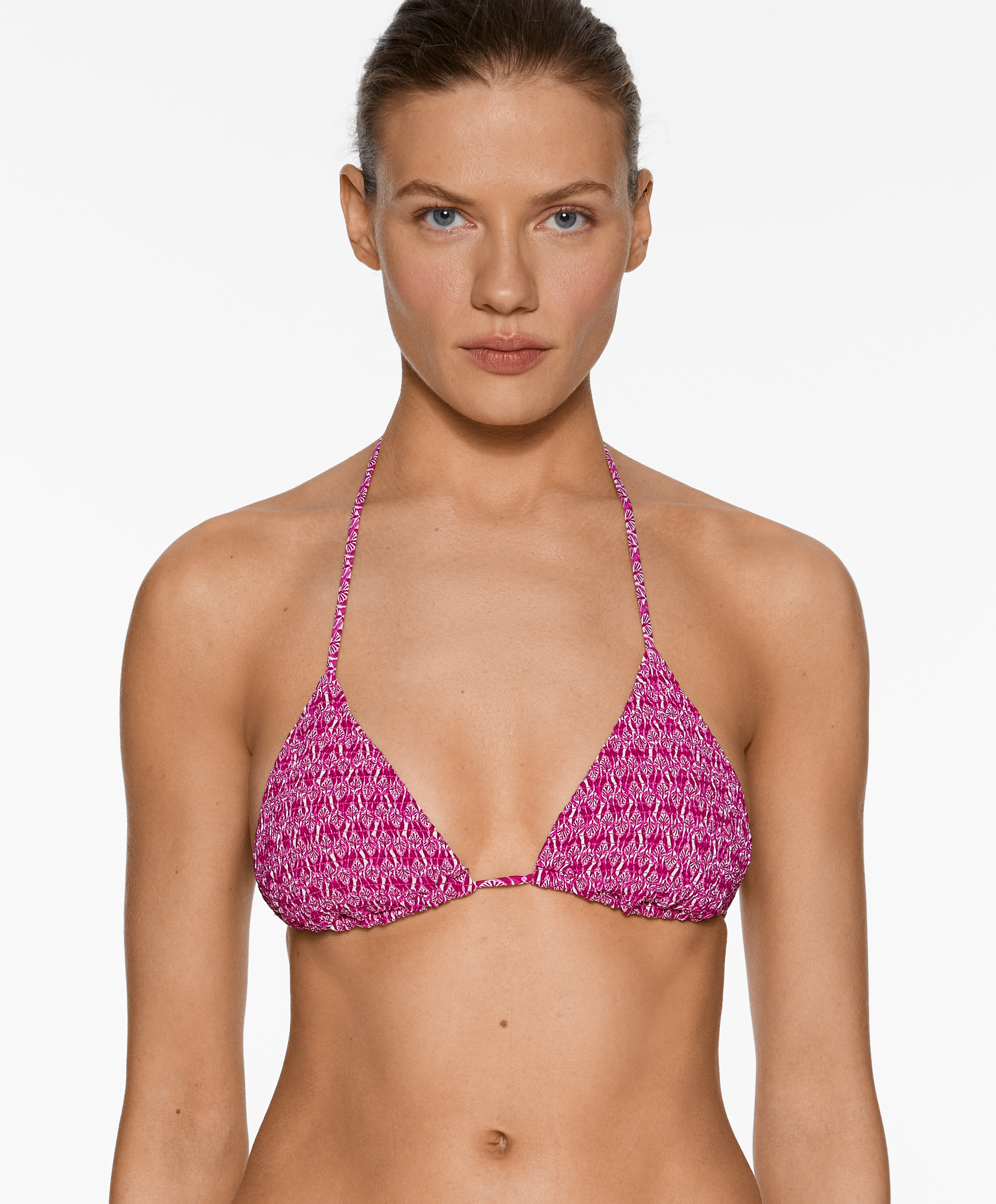 Smock stamp print triangle bikini top
