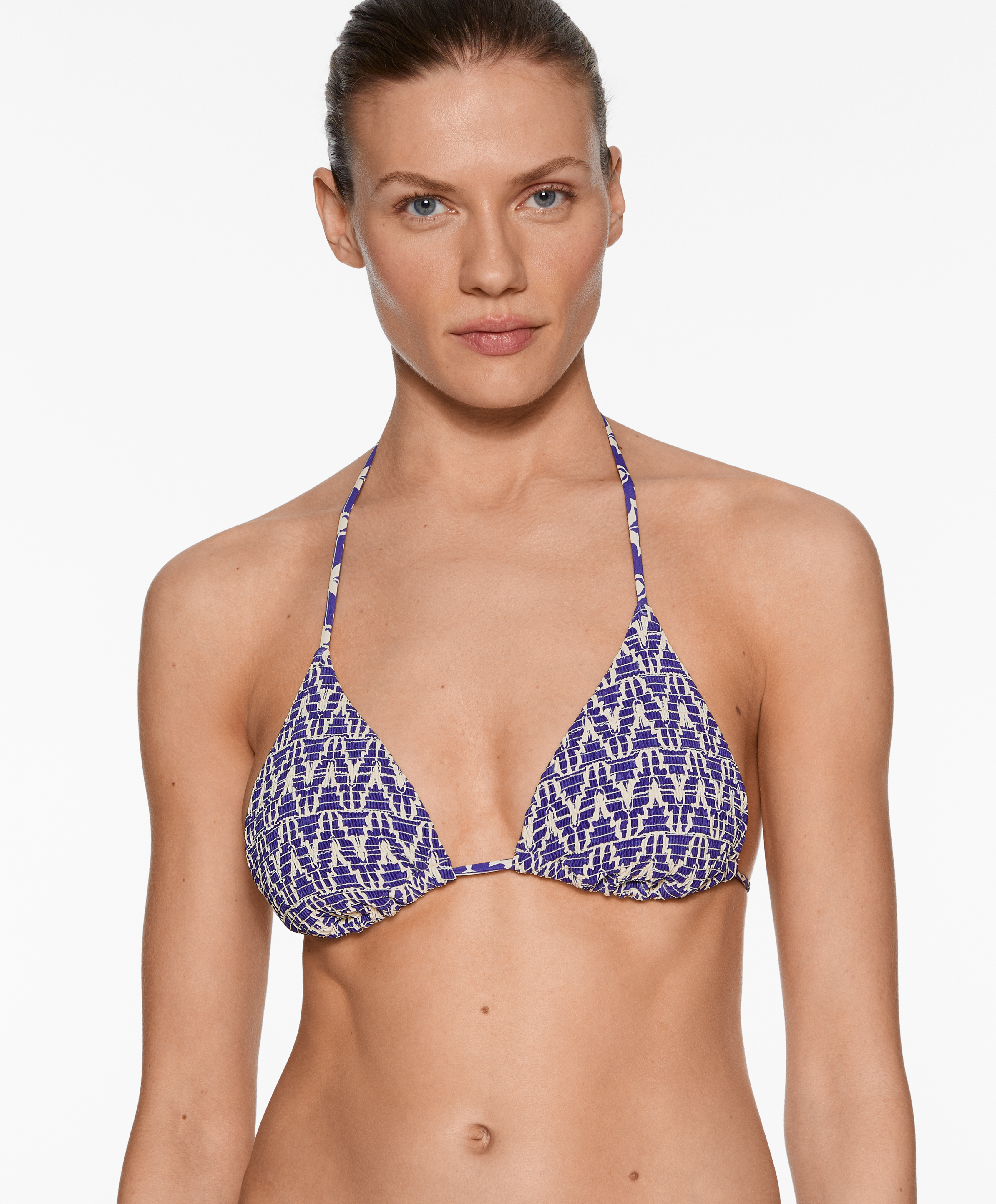 Smock stamp print triangle bikini top