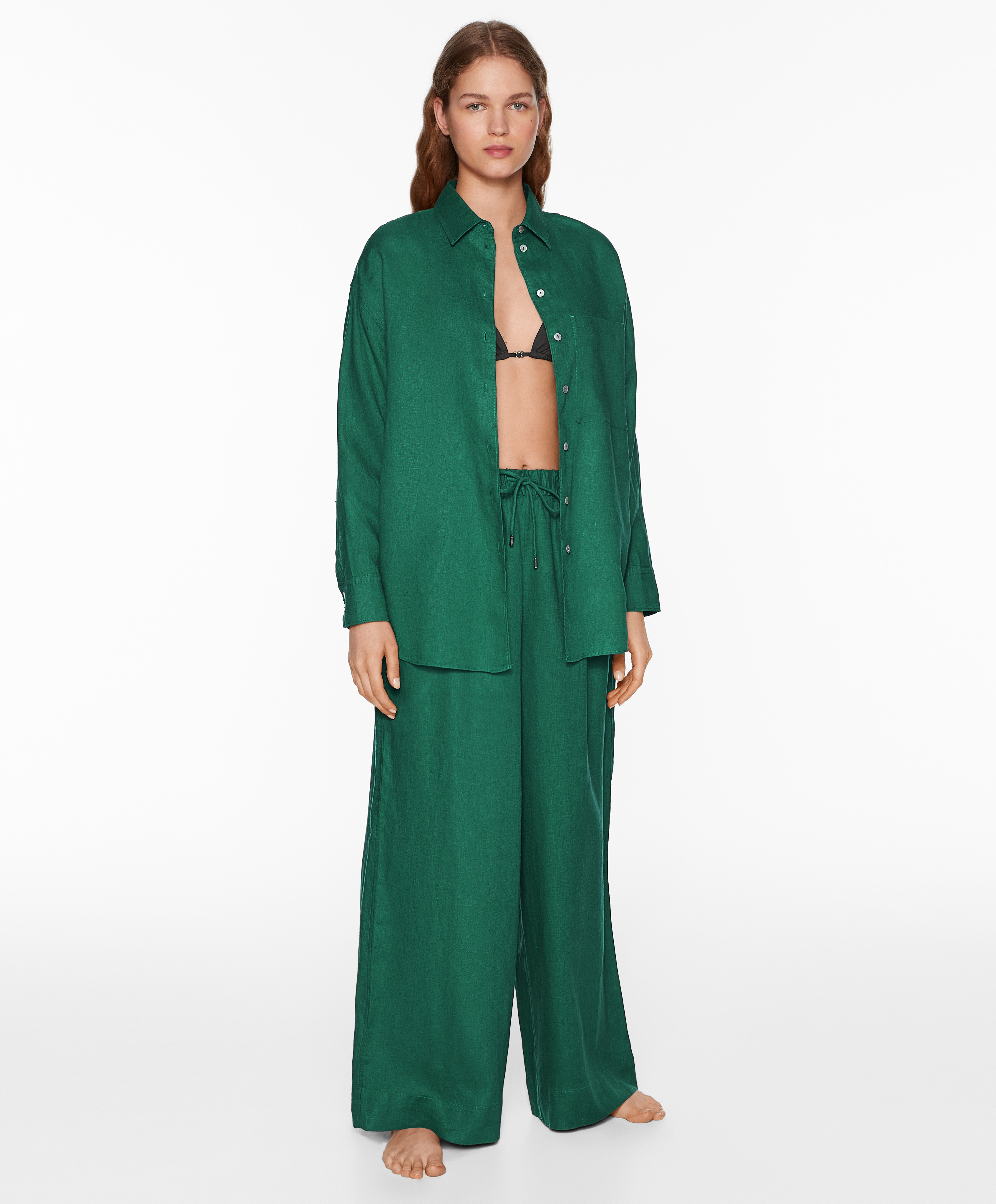 100% linen wide straight-leg trousers