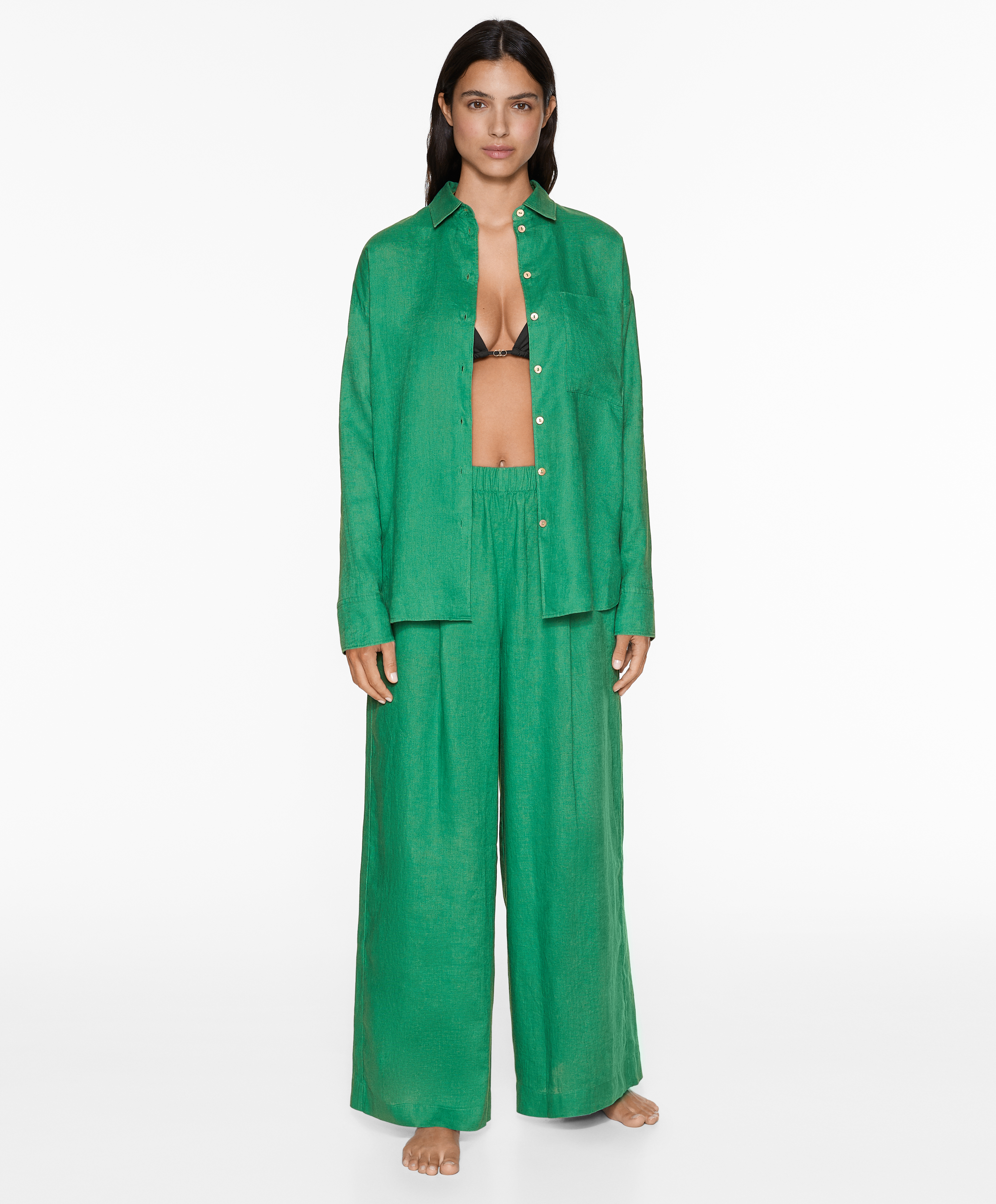 100% linen wide straight-leg trousers