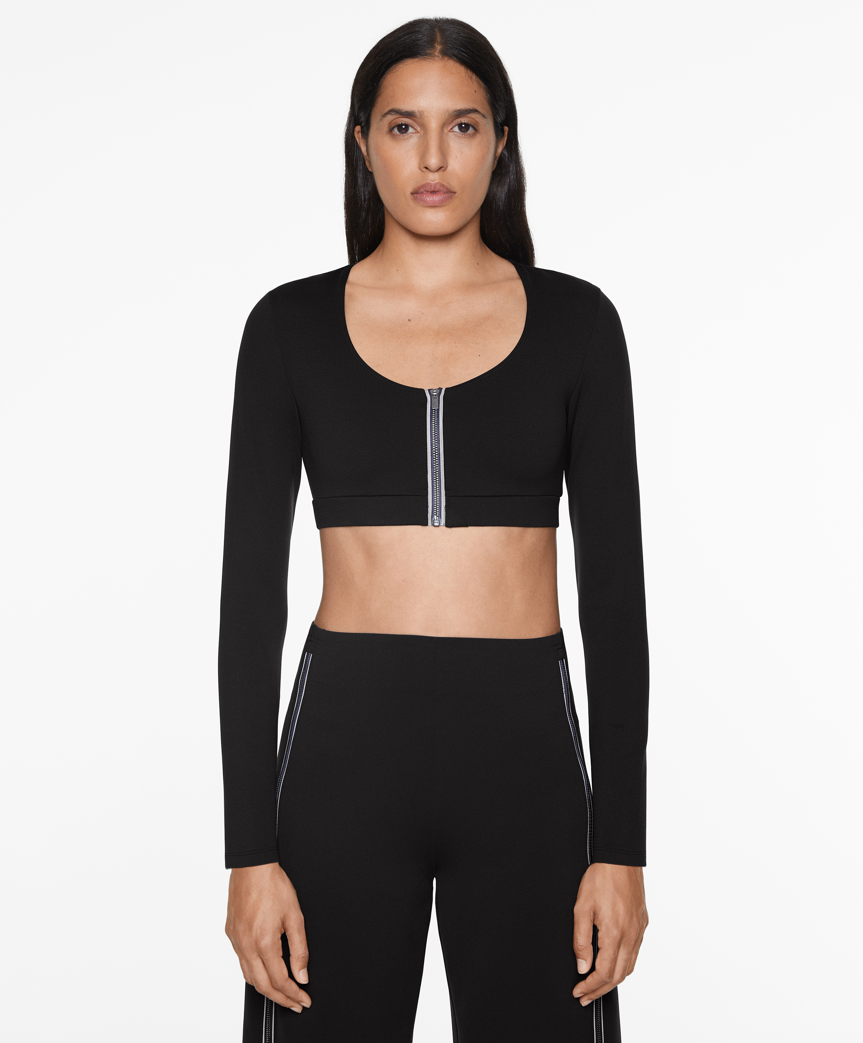 Neoprene effect zip long-sleeved crop T-shirt