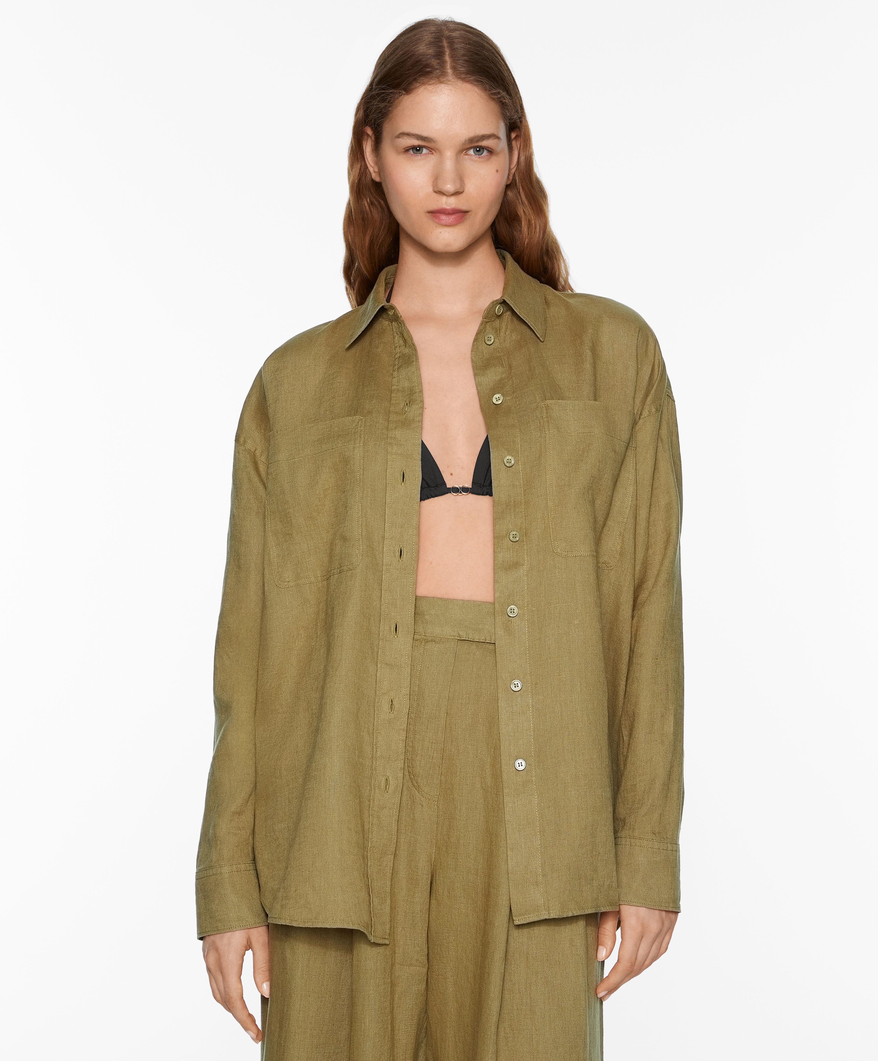 100% linen long-sleeved shirt with pockets