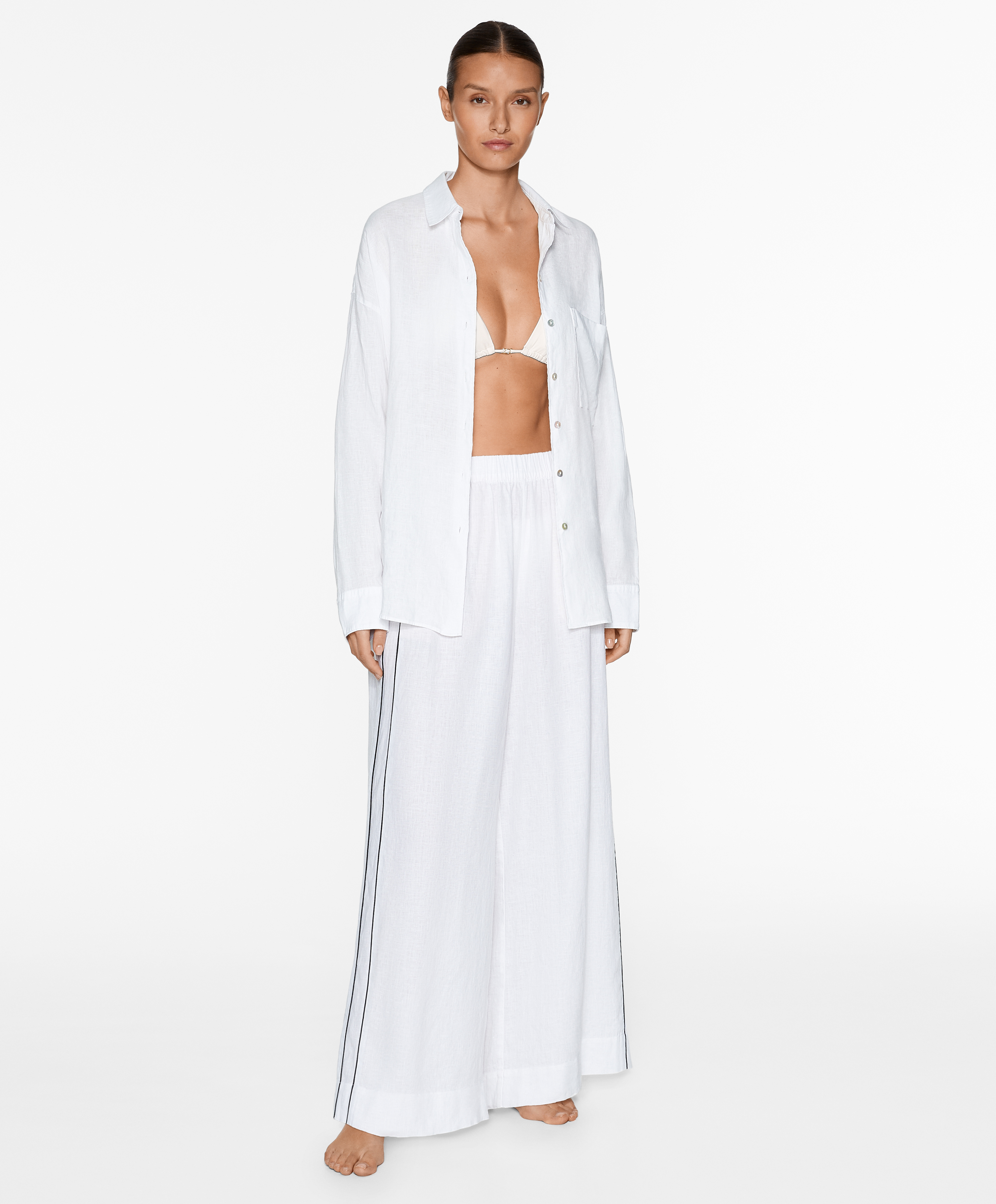 100% linen wide straight-leg trousers with piping