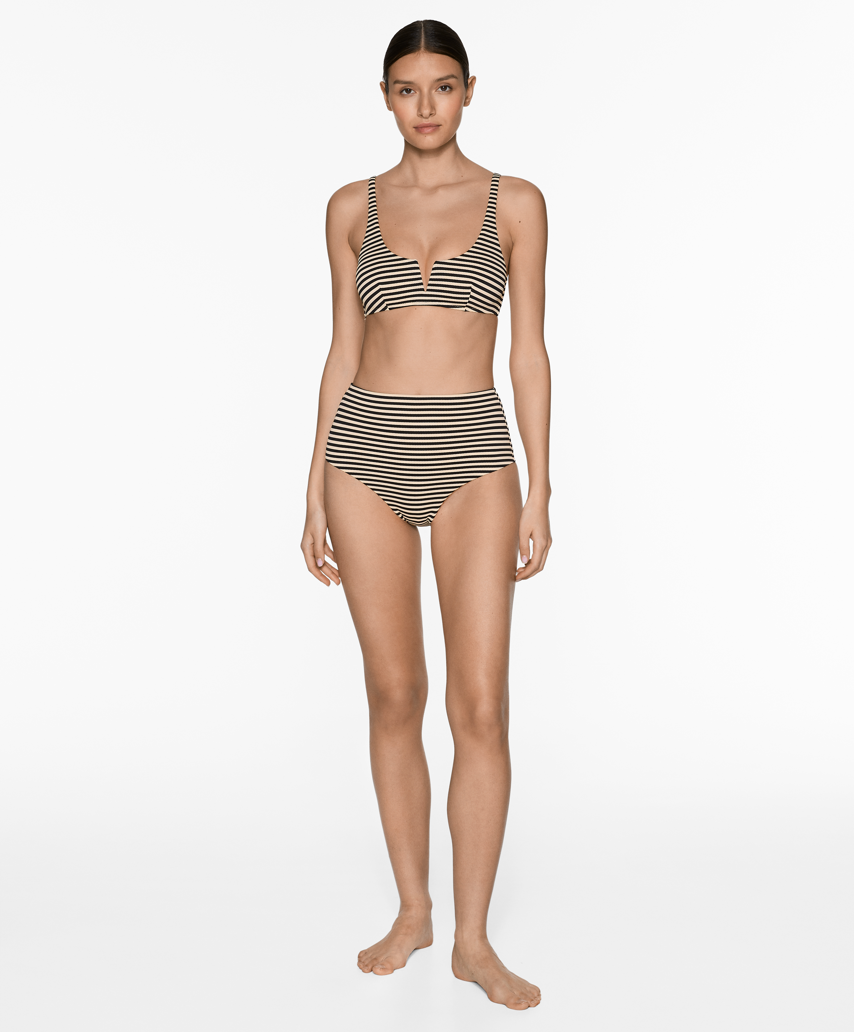 Striped piqué high-rise bikini briefs