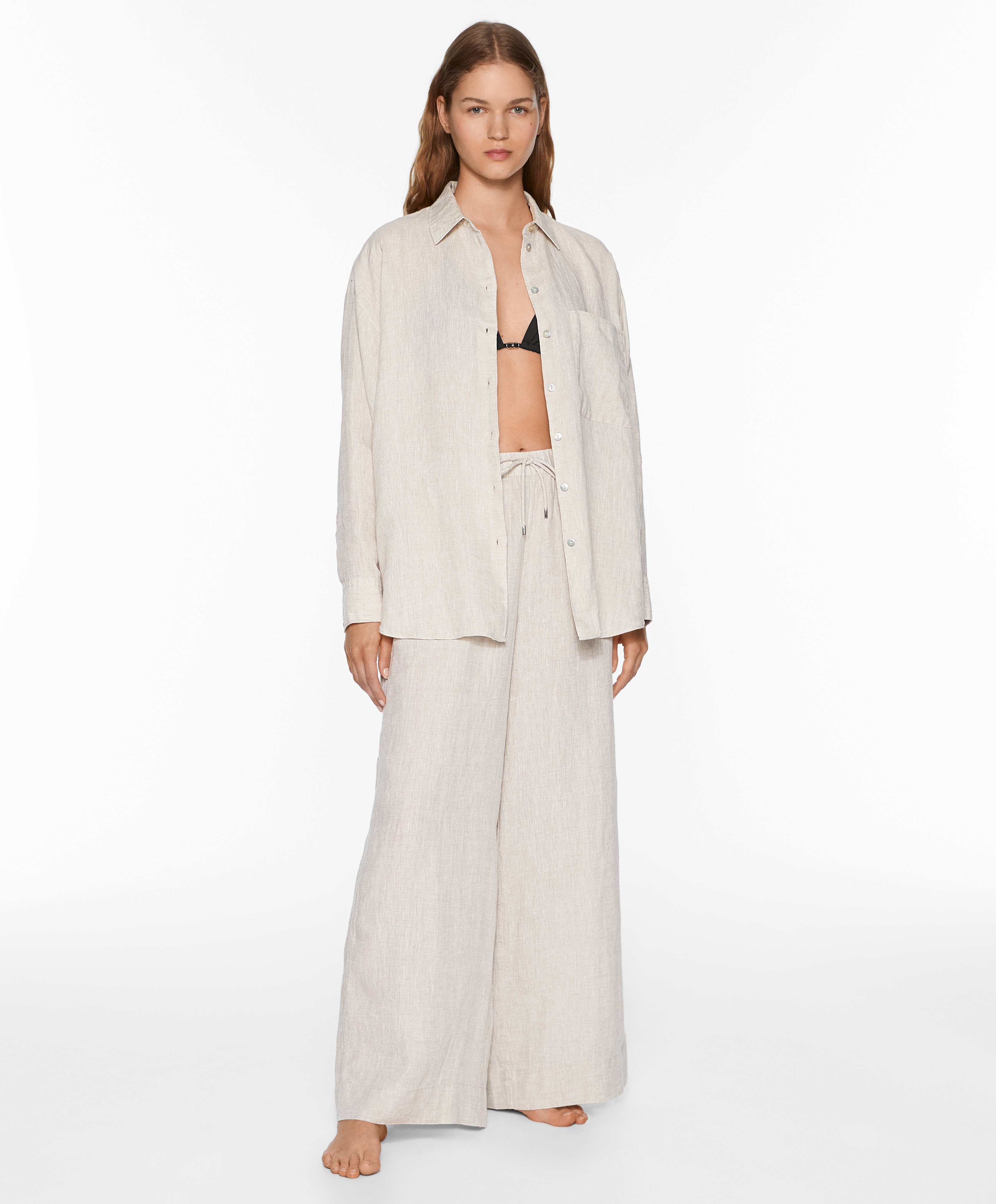 100% linen wide straight-leg trousers