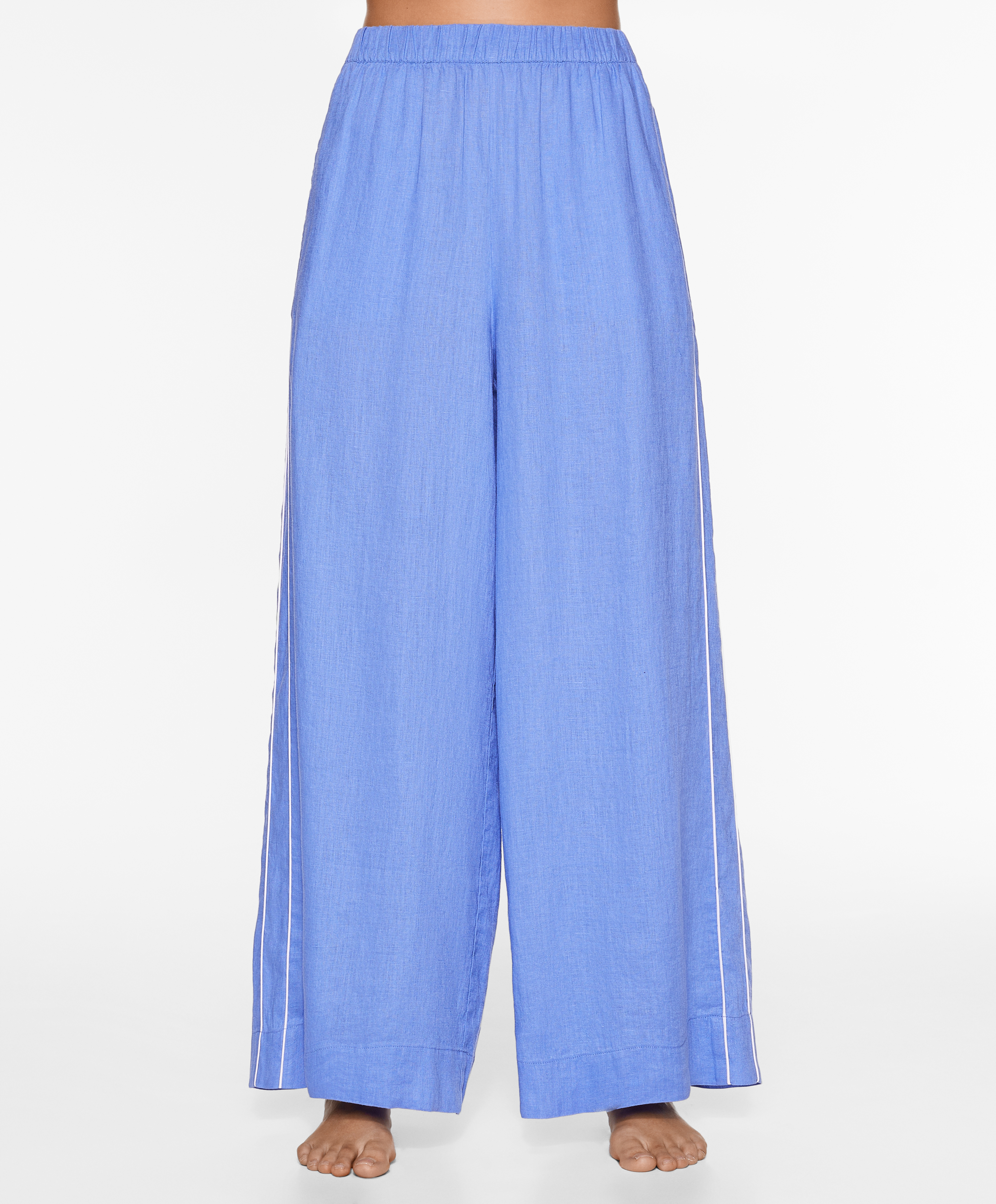 100% linen wide straight-leg trousers with piping