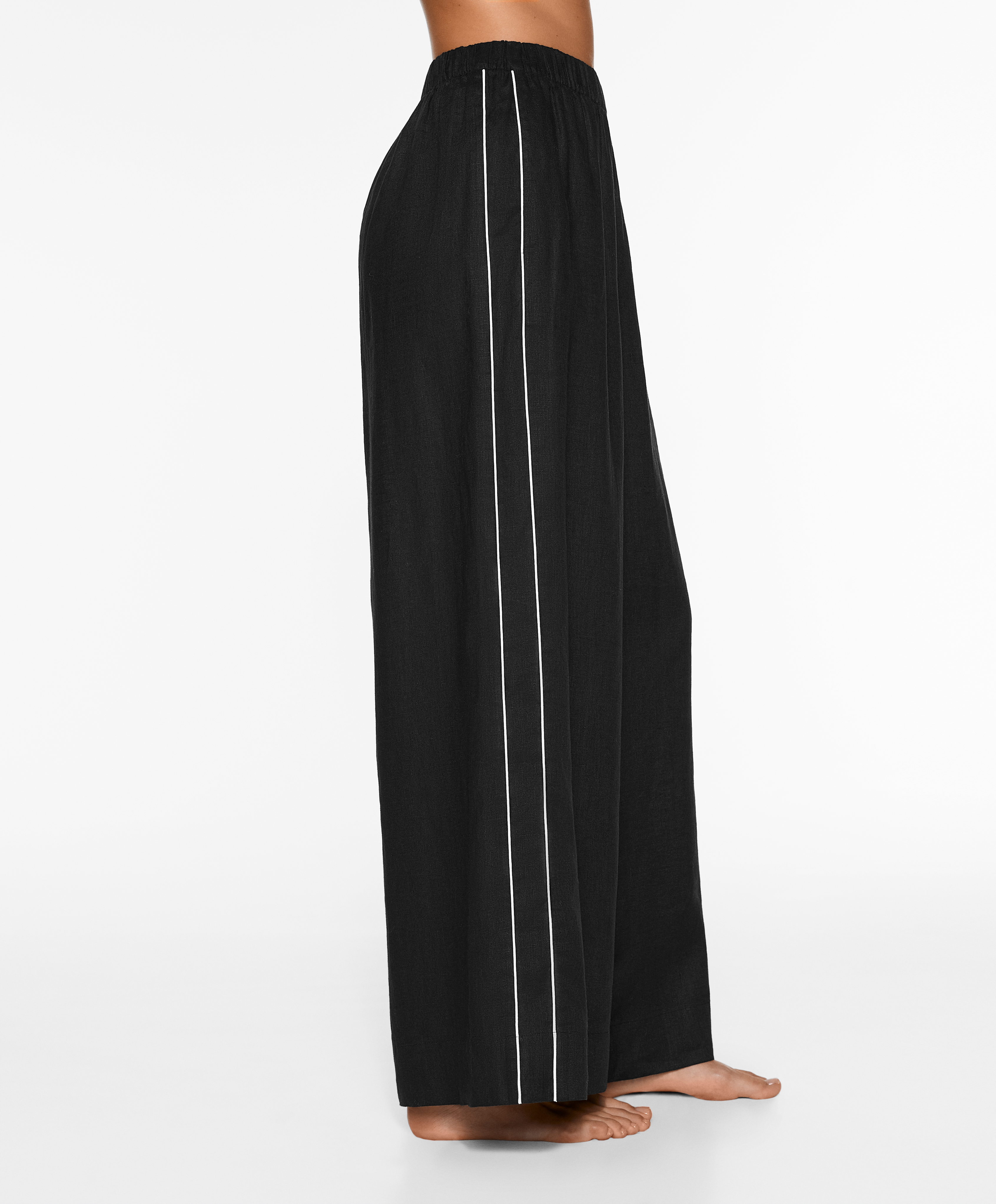 100% linen wide straight-leg trousers with piping