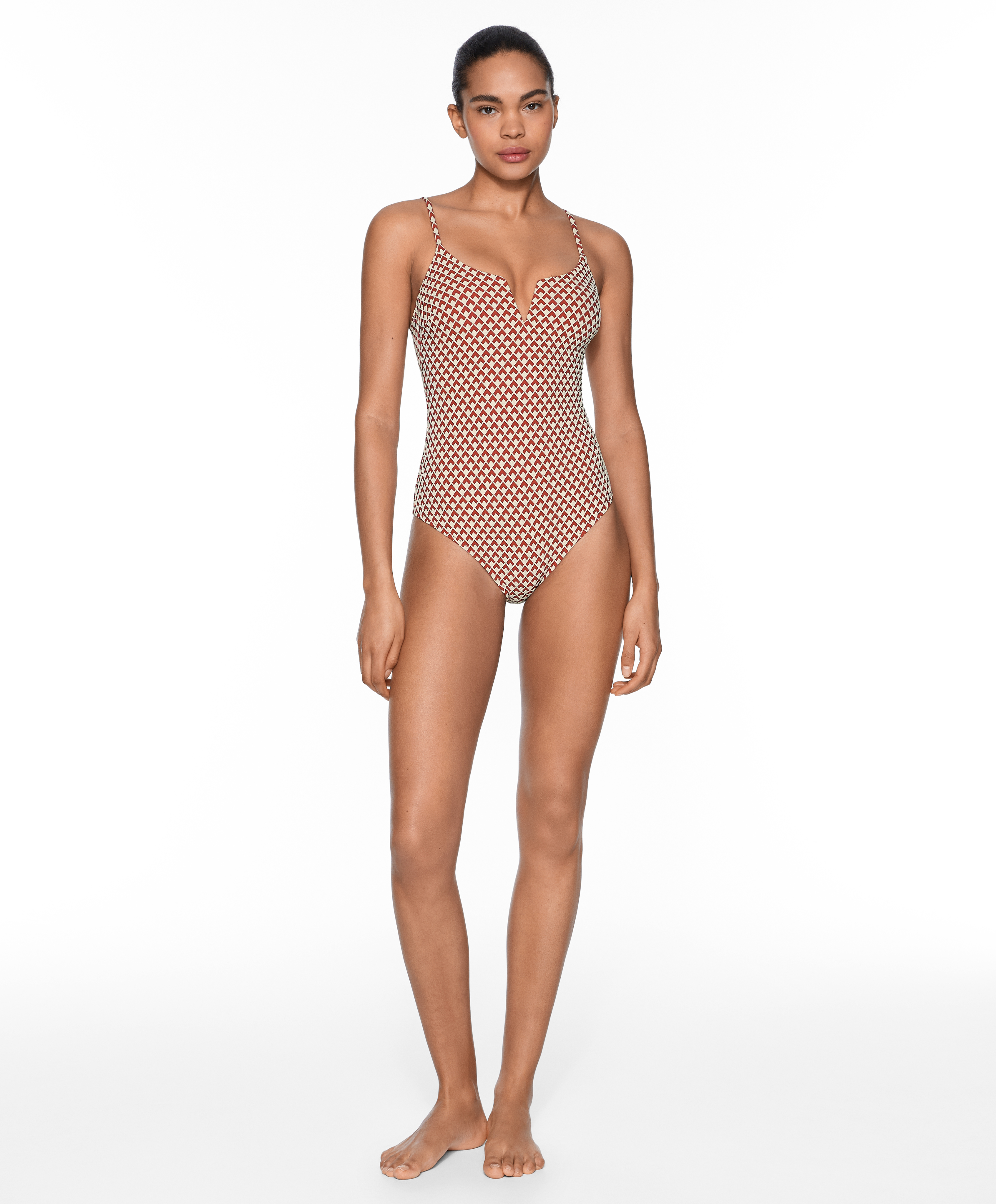 Geometric jacquard V-notch neckline swimsuit