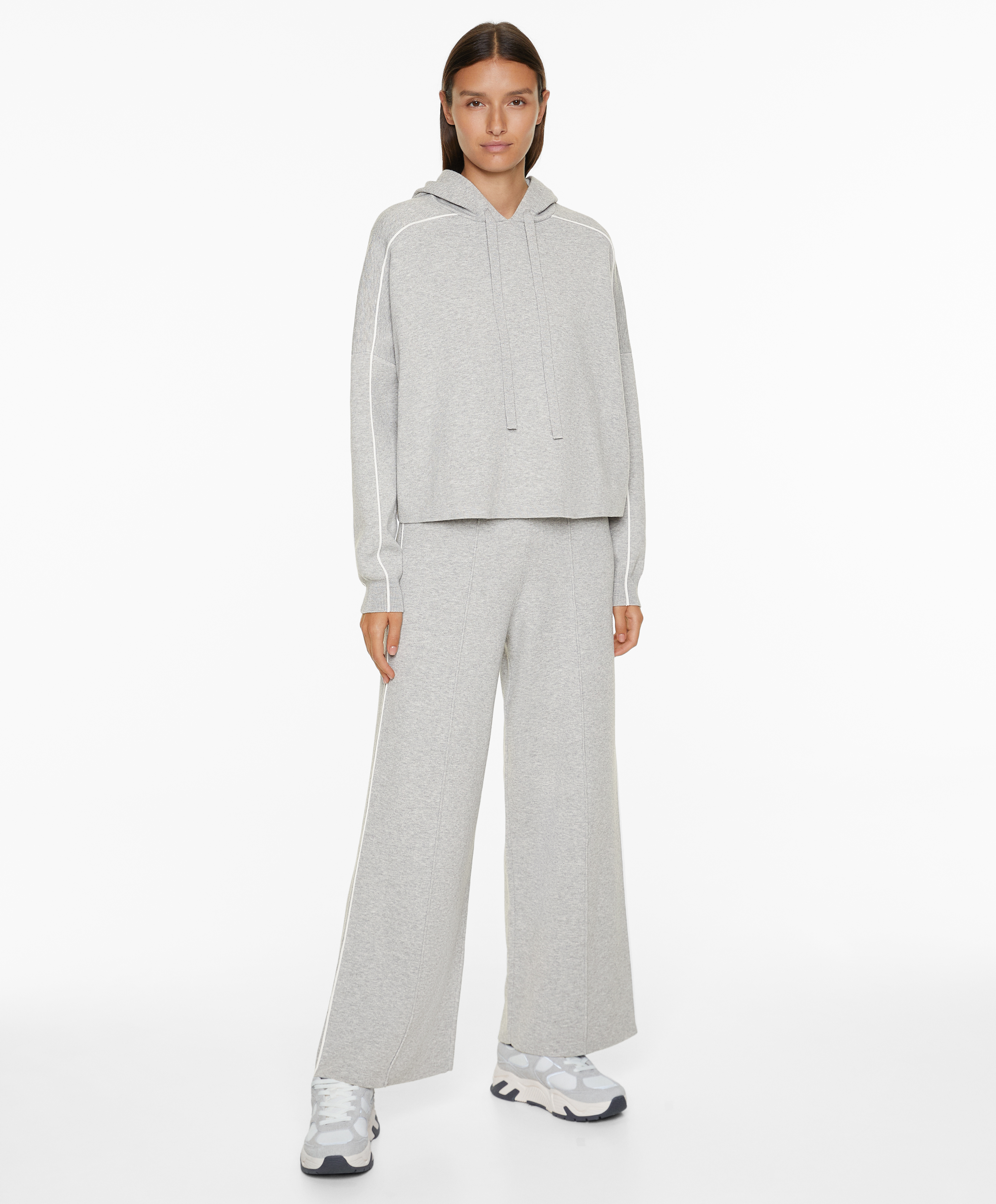 Hooded knit sweatshirt with piping