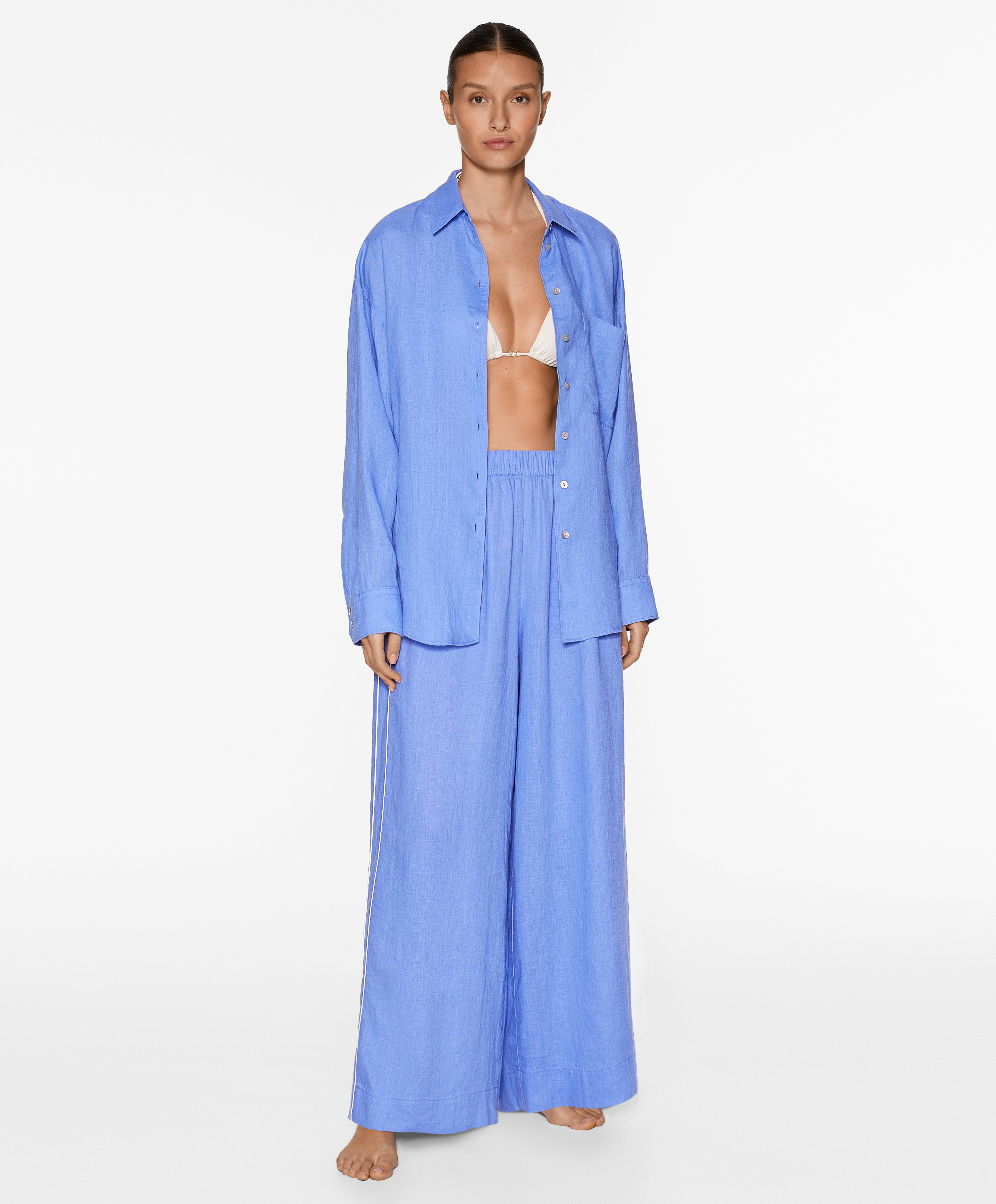 100% linen wide straight-leg trousers with piping