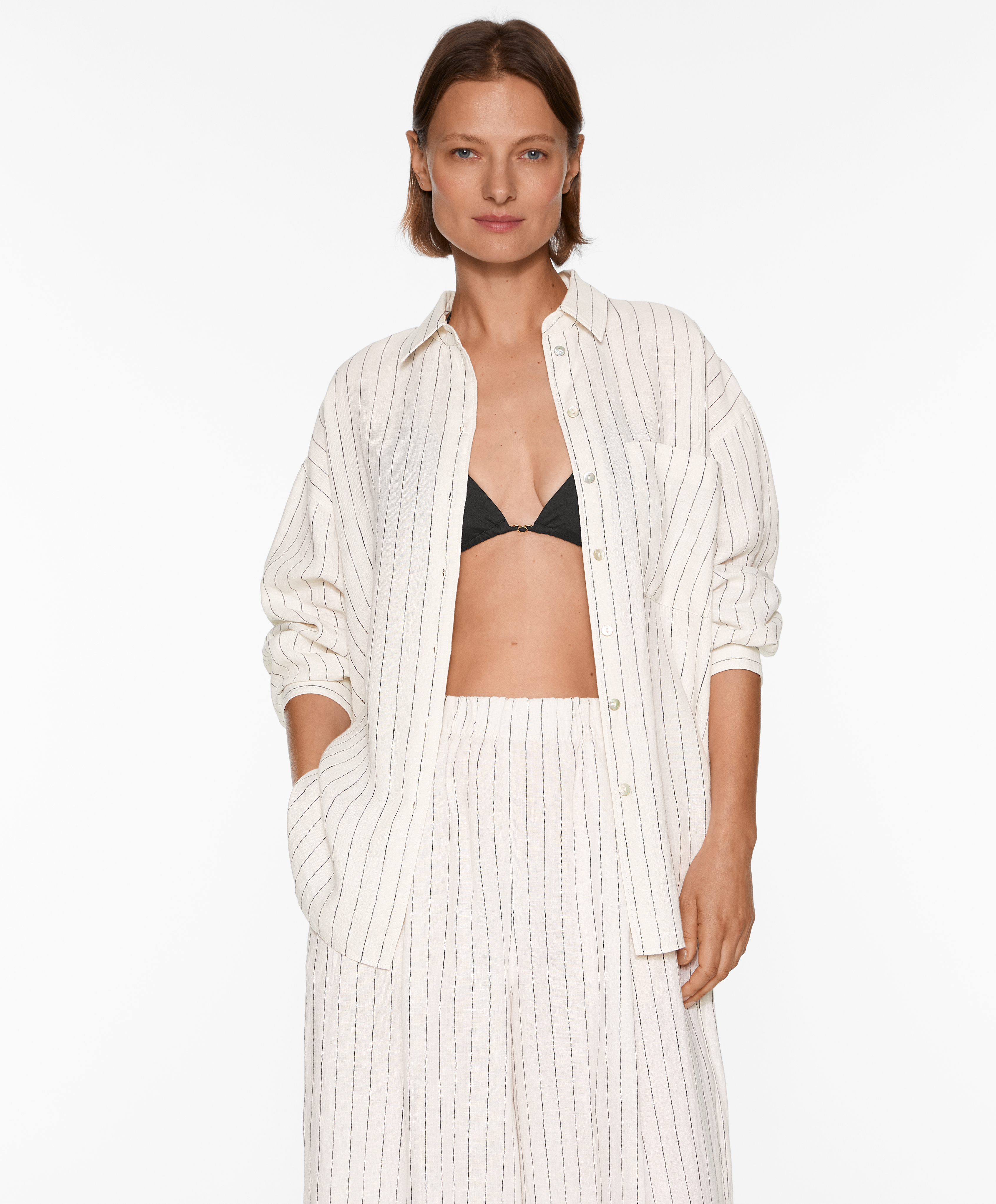 Striped 100% linen long-sleeved shirt