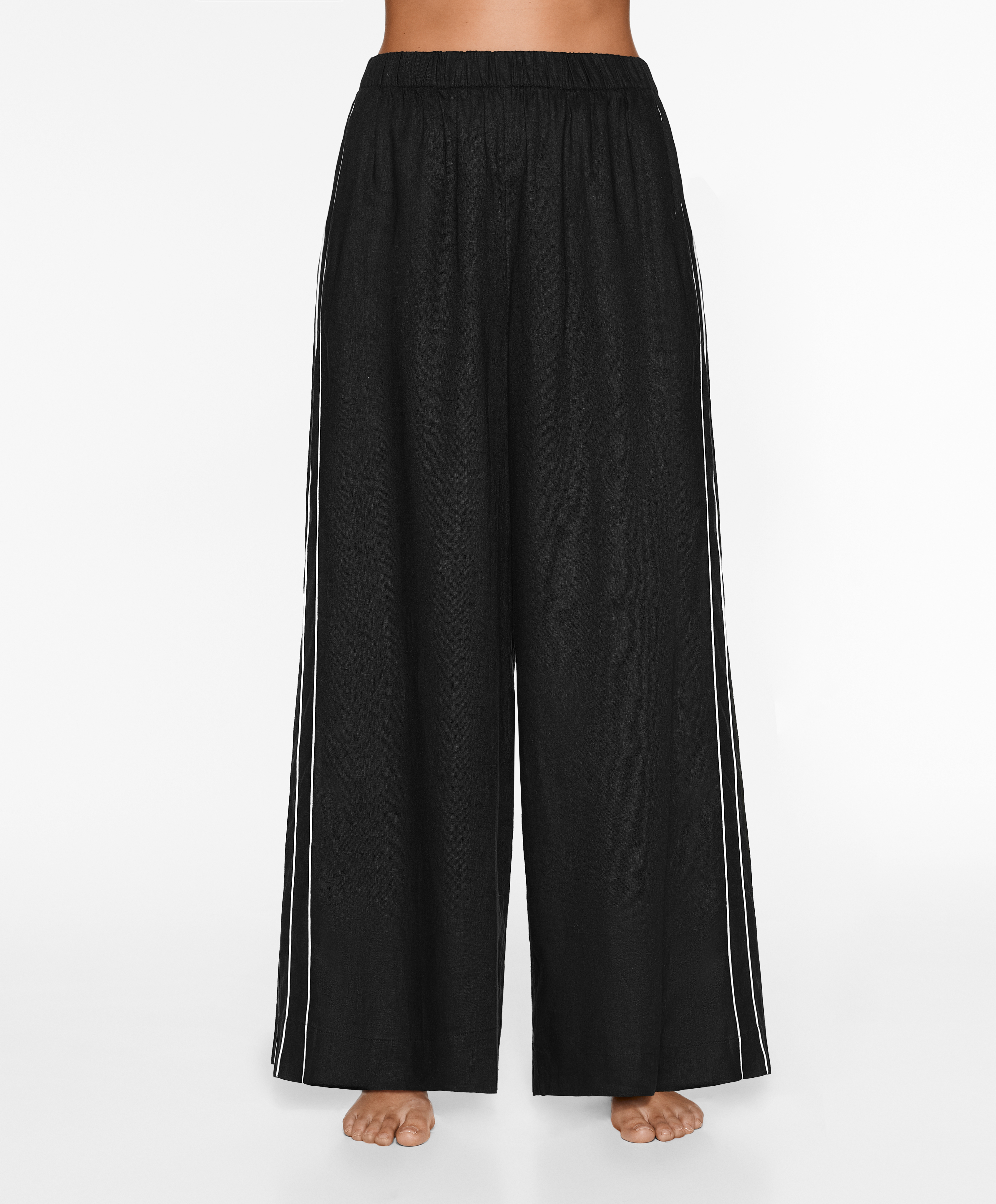 100% linen wide straight-leg trousers with piping