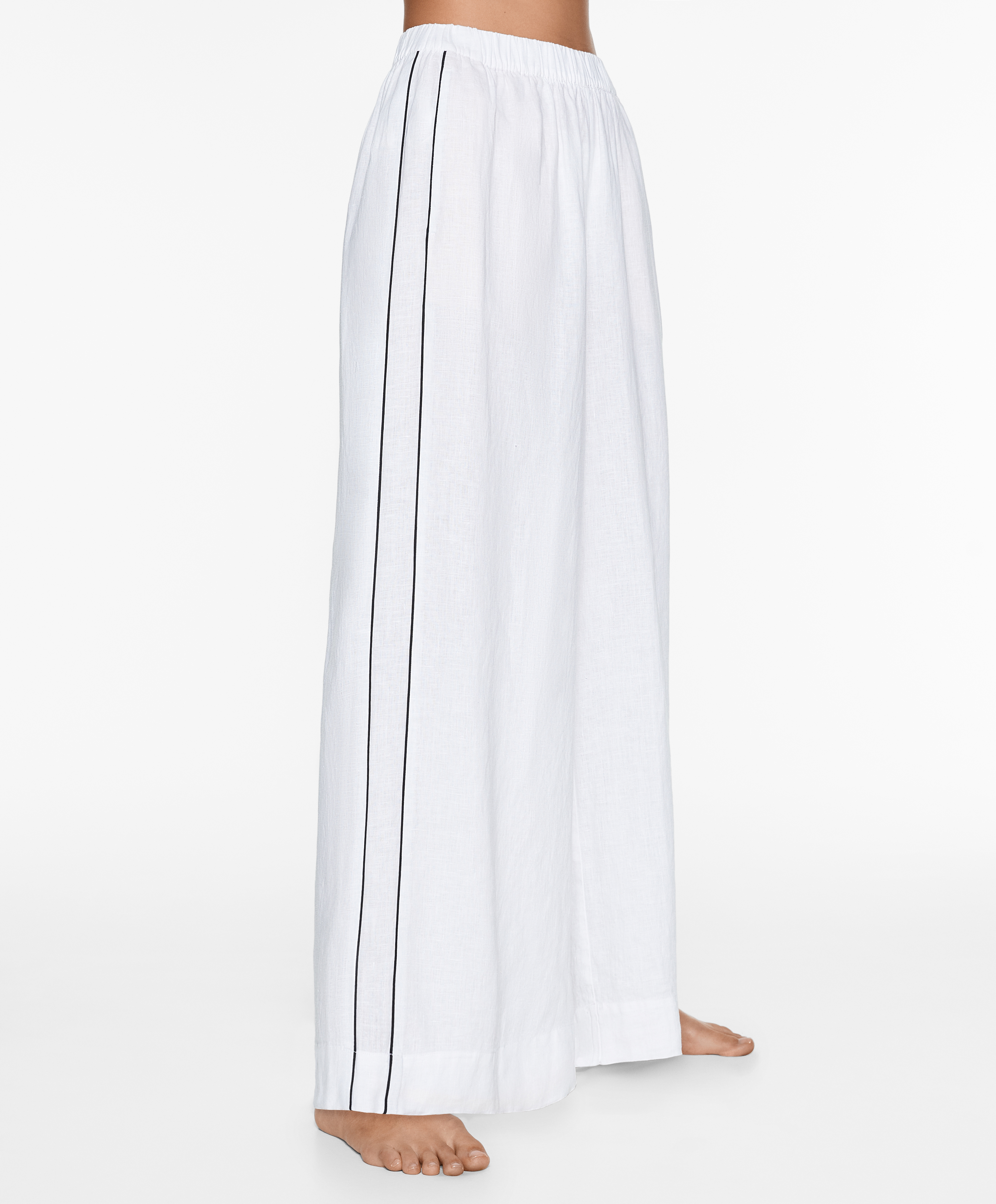 100% linen wide straight-leg trousers with piping