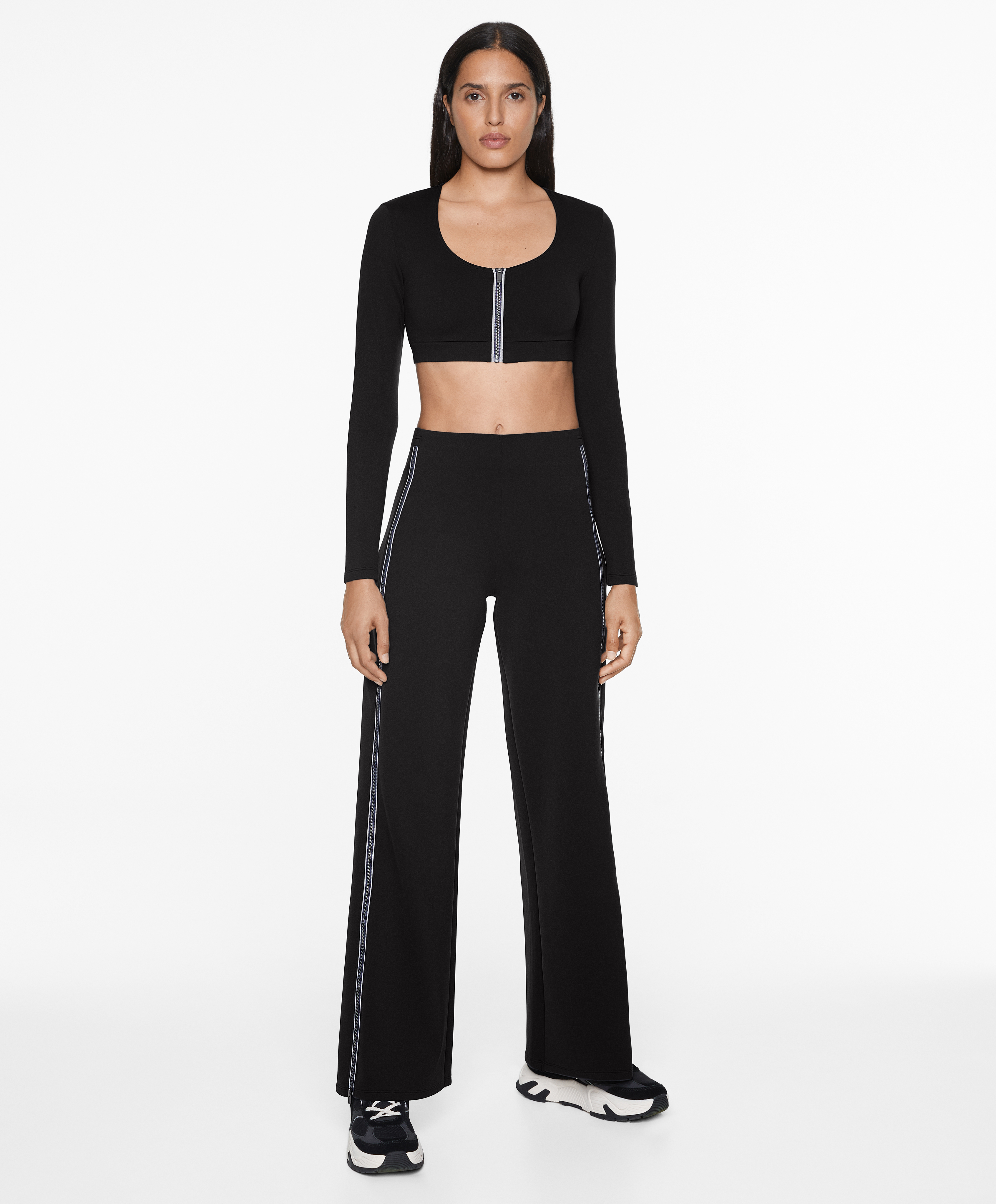 Neoprene-effect straight-leg zip trousers