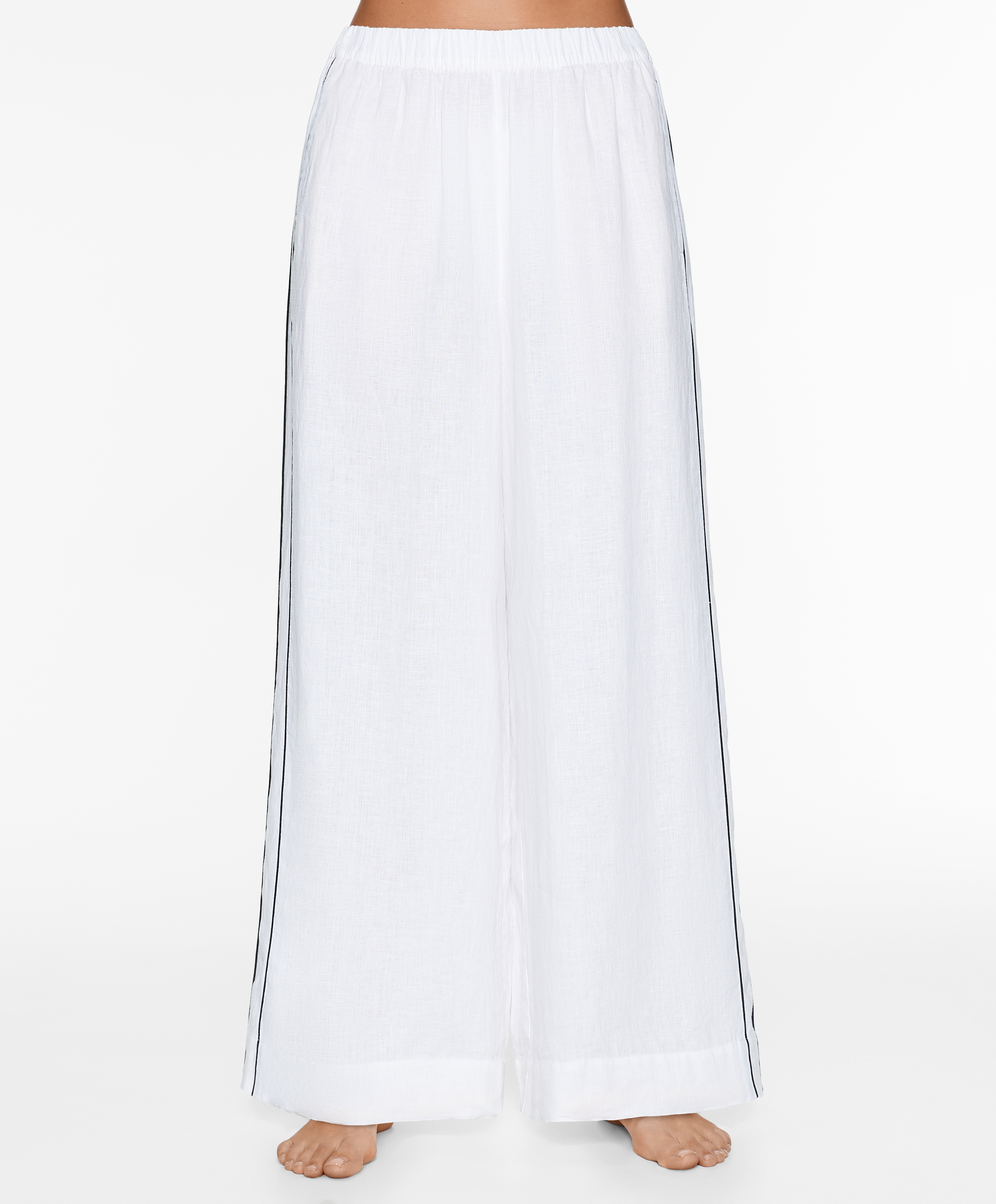 100% linen wide straight-leg trousers with piping