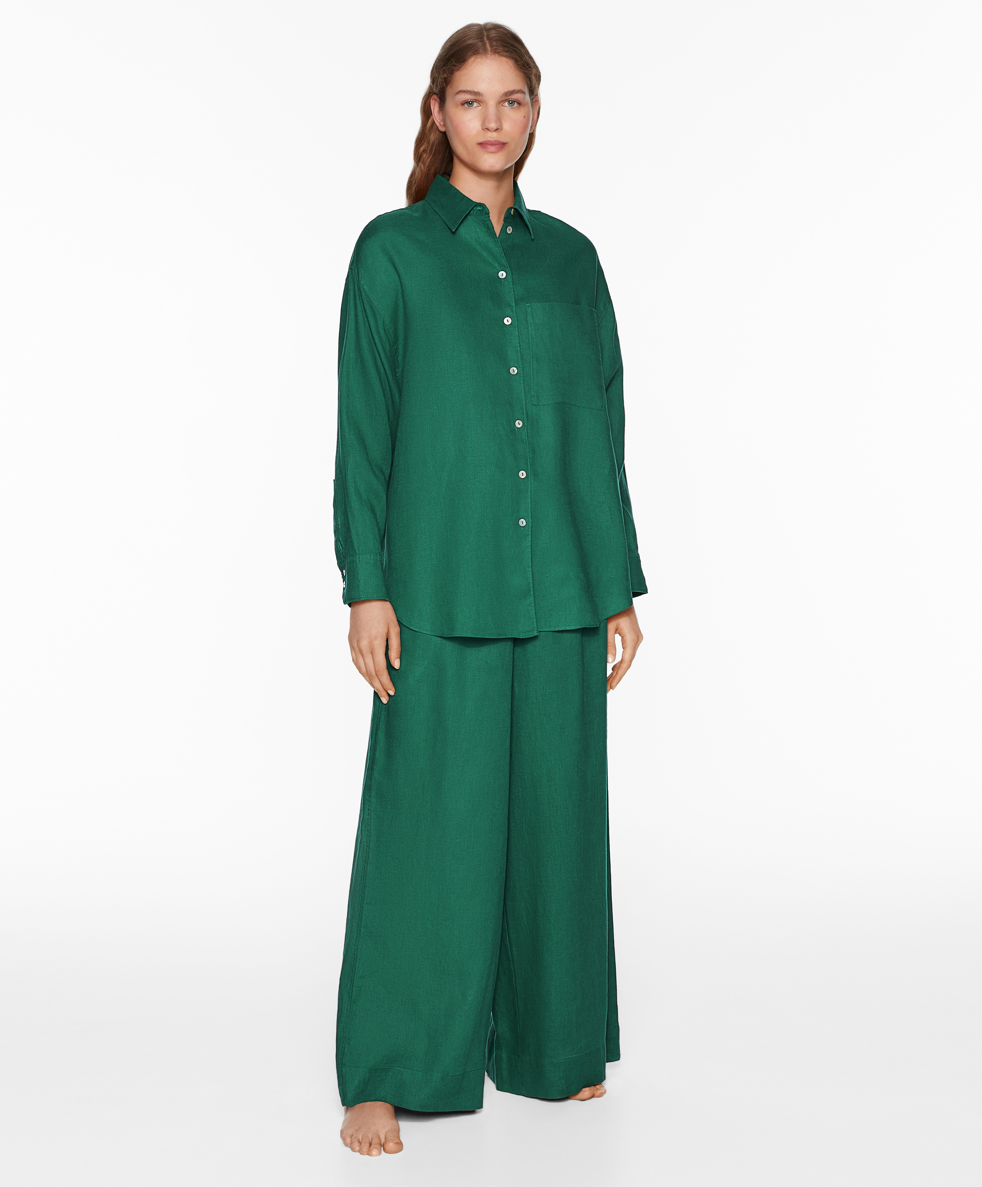 100% linen wide straight-leg trousers