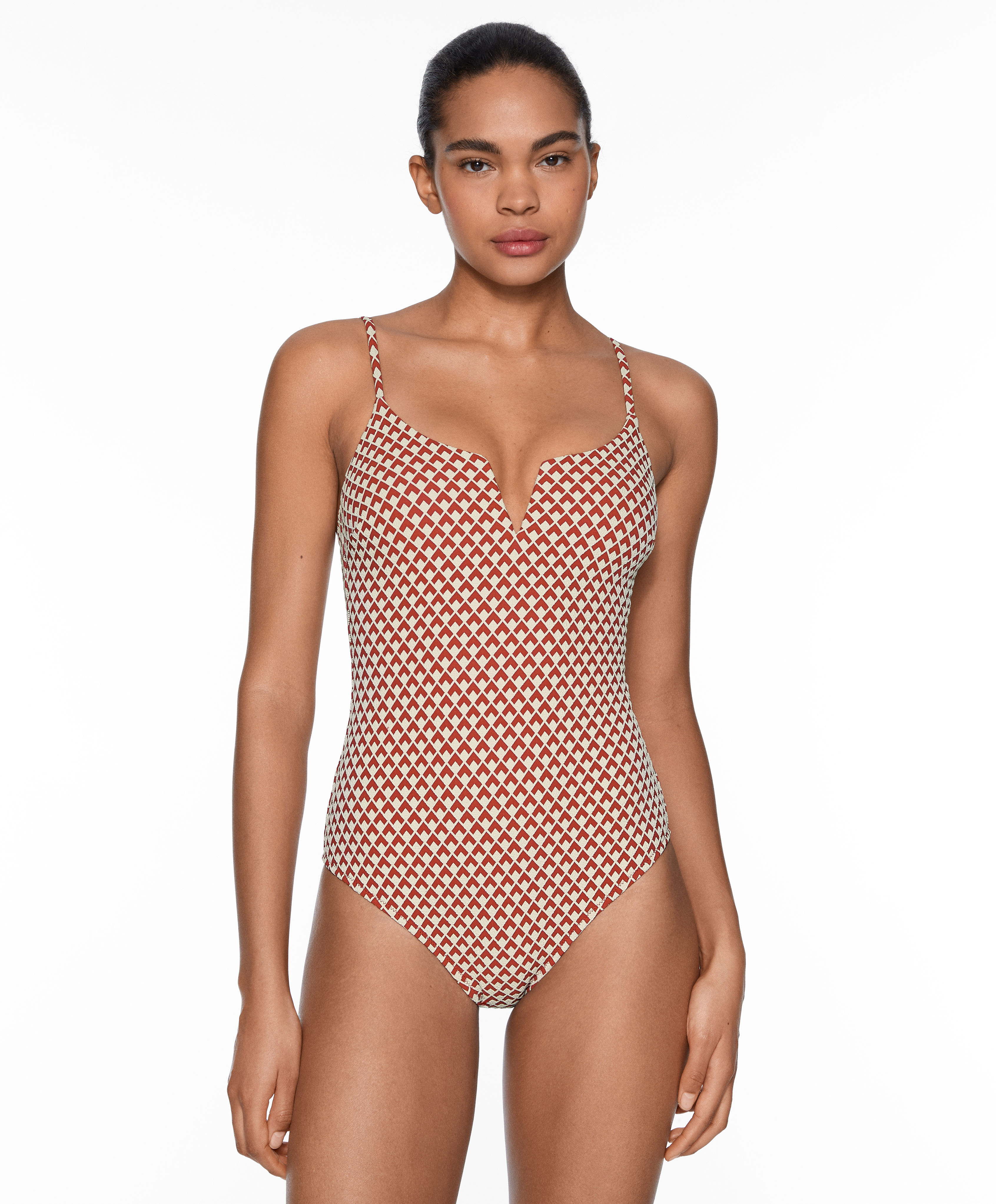 Geometric jacquard V-notch neckline swimsuit