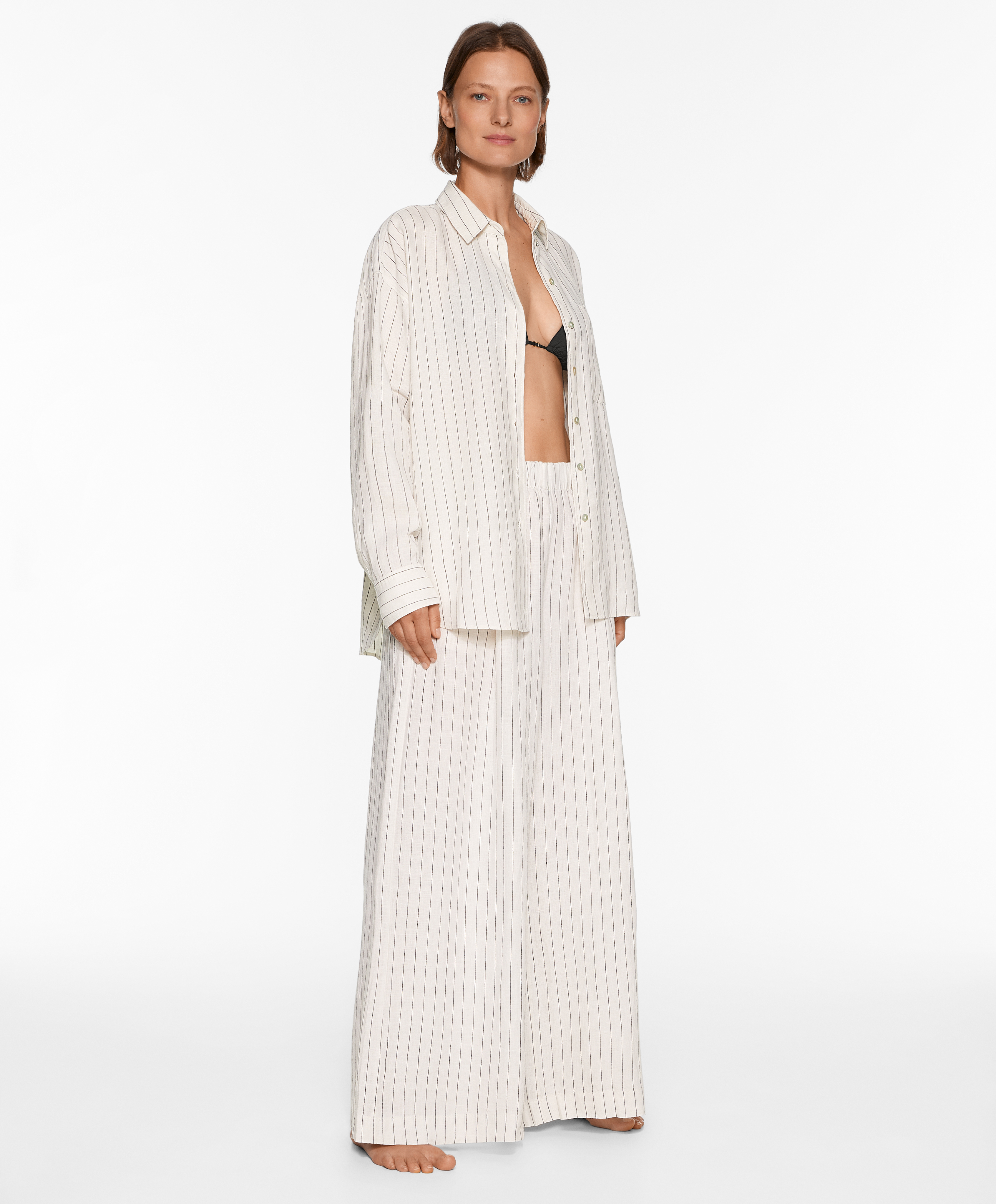 Striped 100% linen long-sleeved shirt