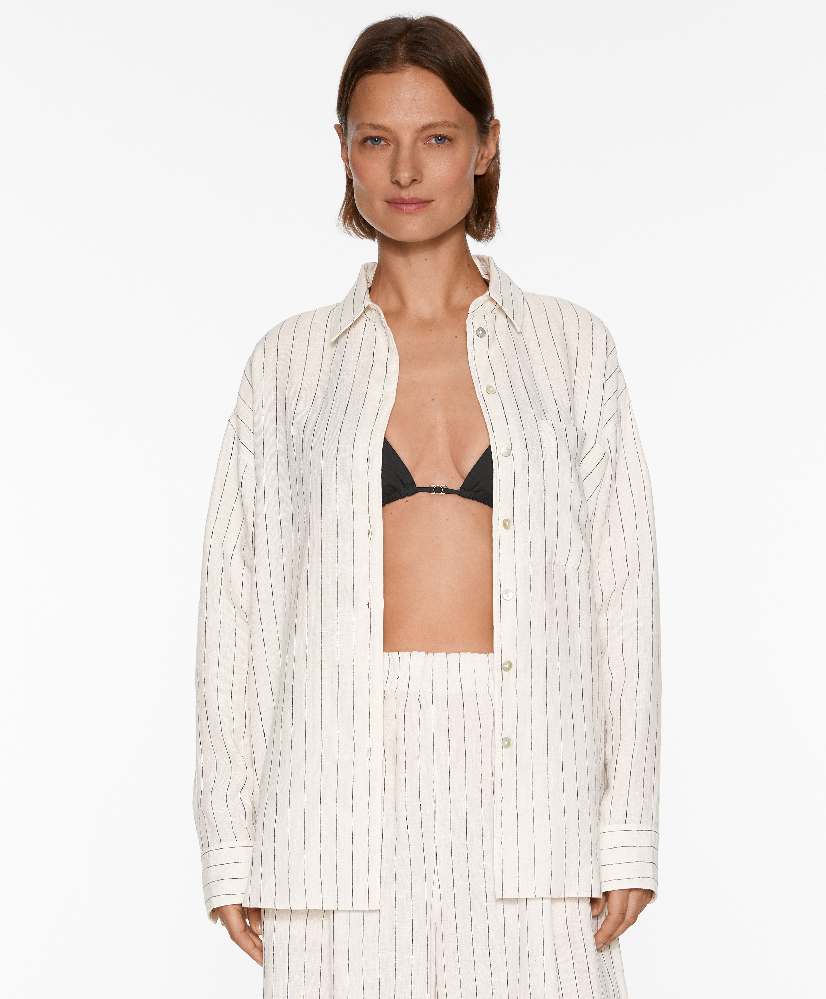 Striped 100% linen long-sleeved shirt