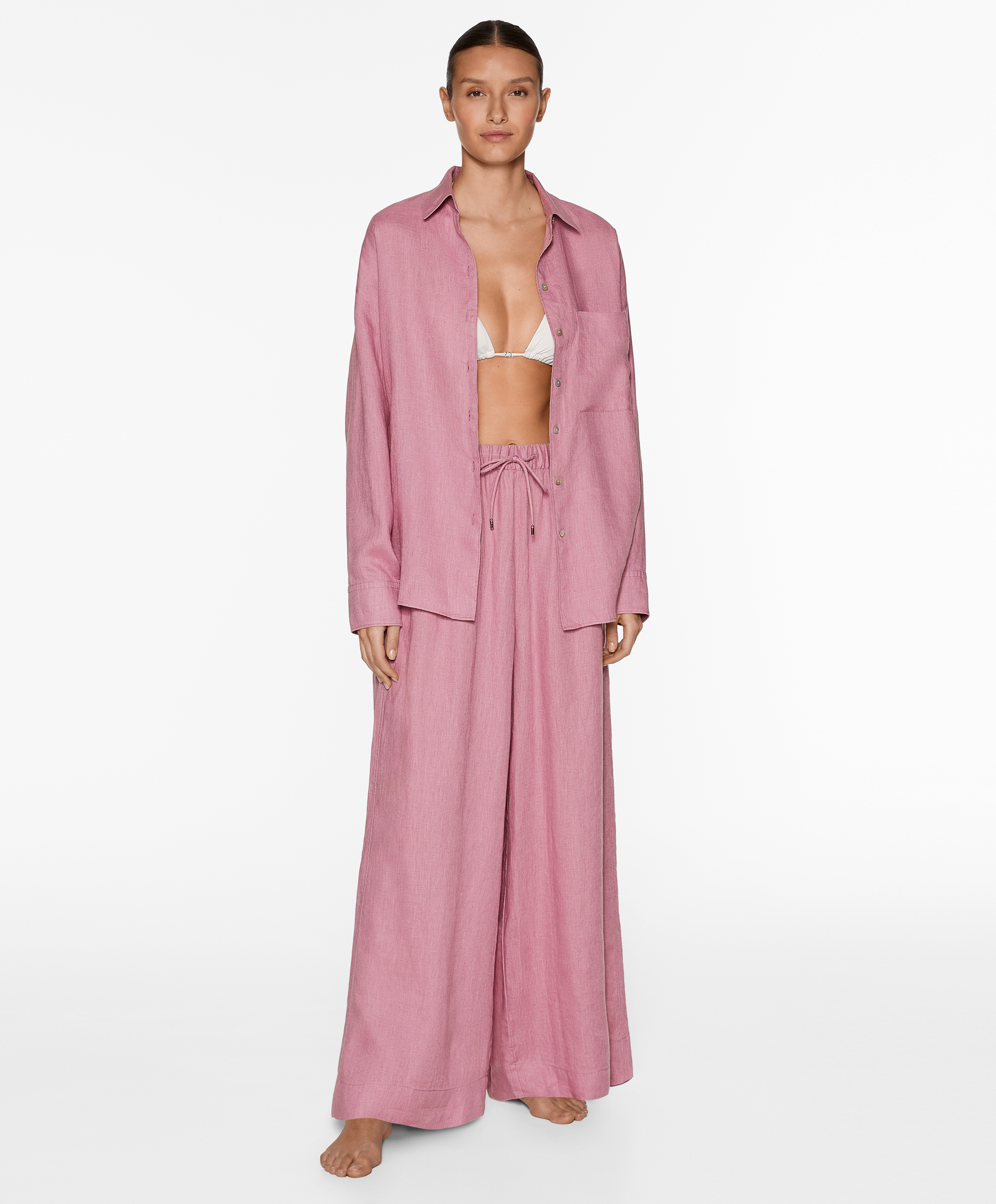 100% linen wide straight-leg trousers