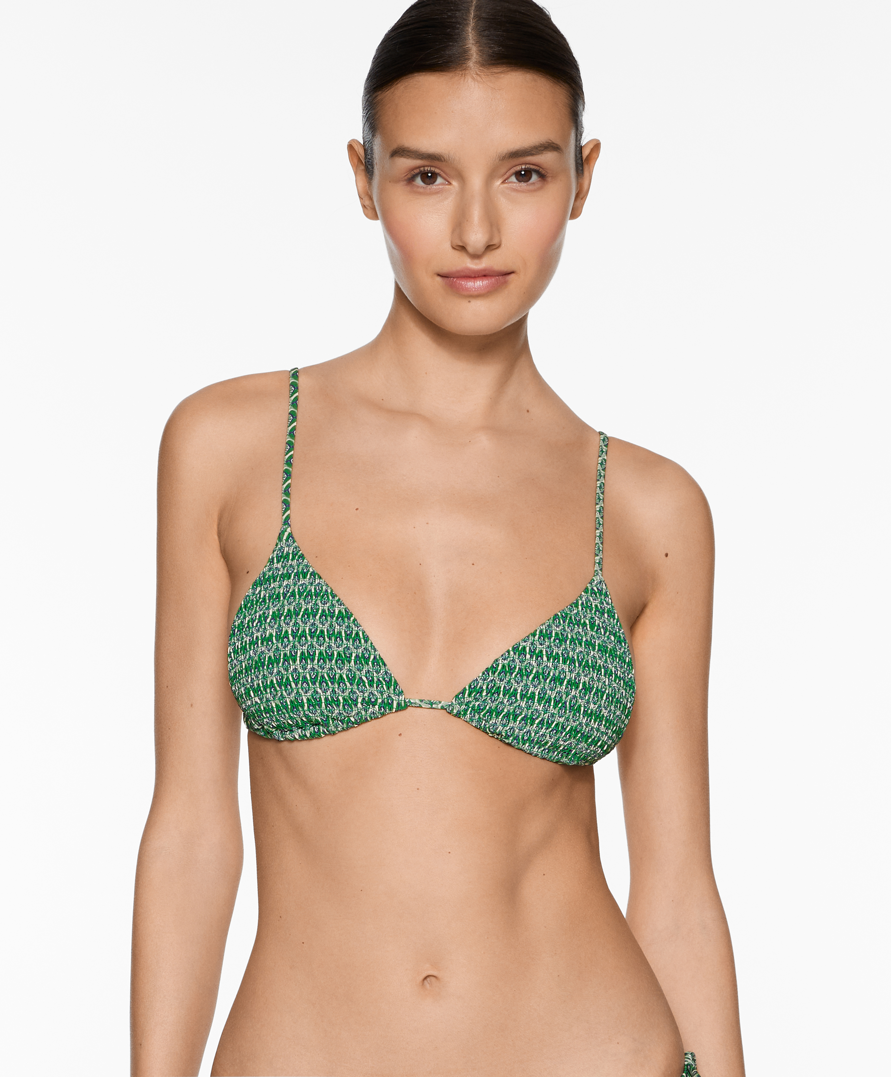 Smock stamp print triangle bikini top