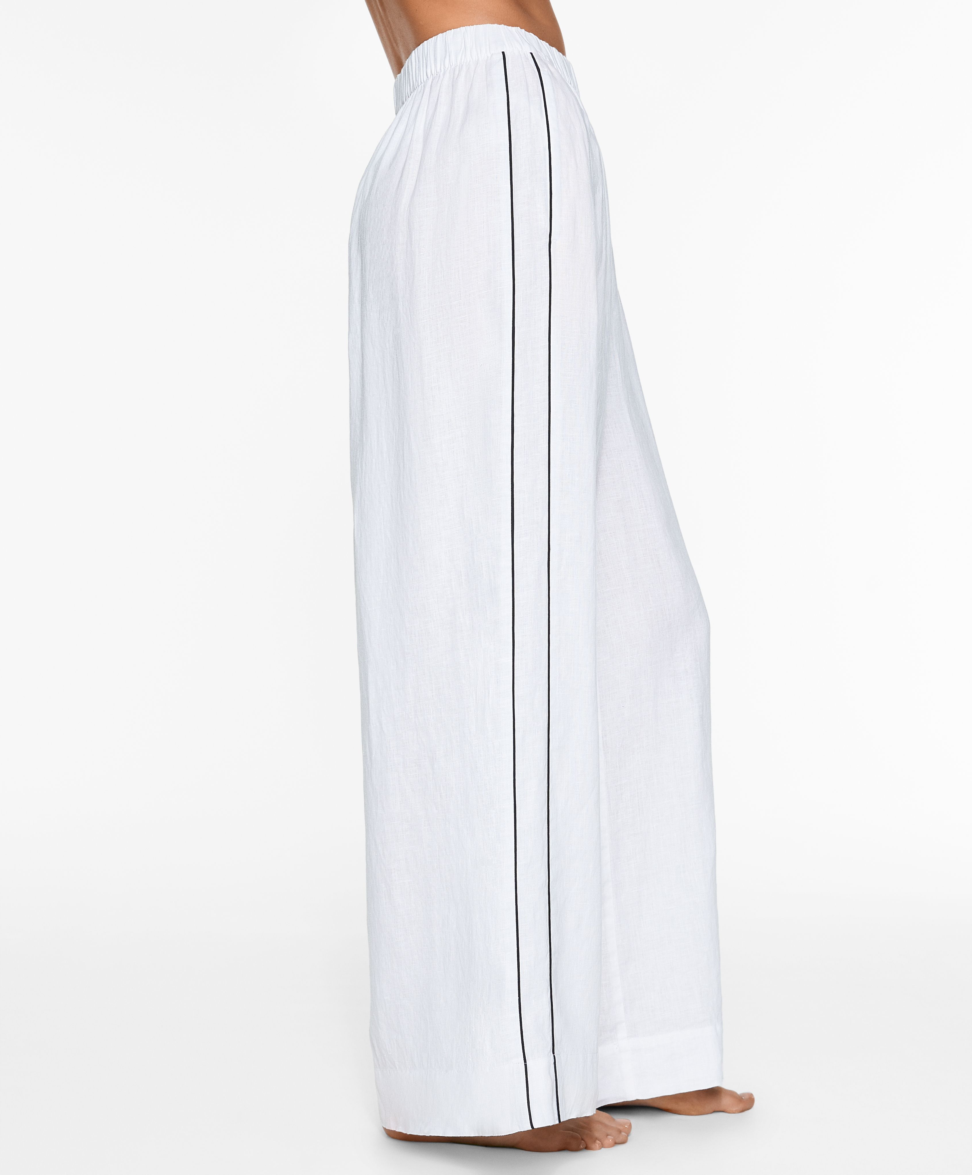 100% linen wide straight-leg trousers with piping