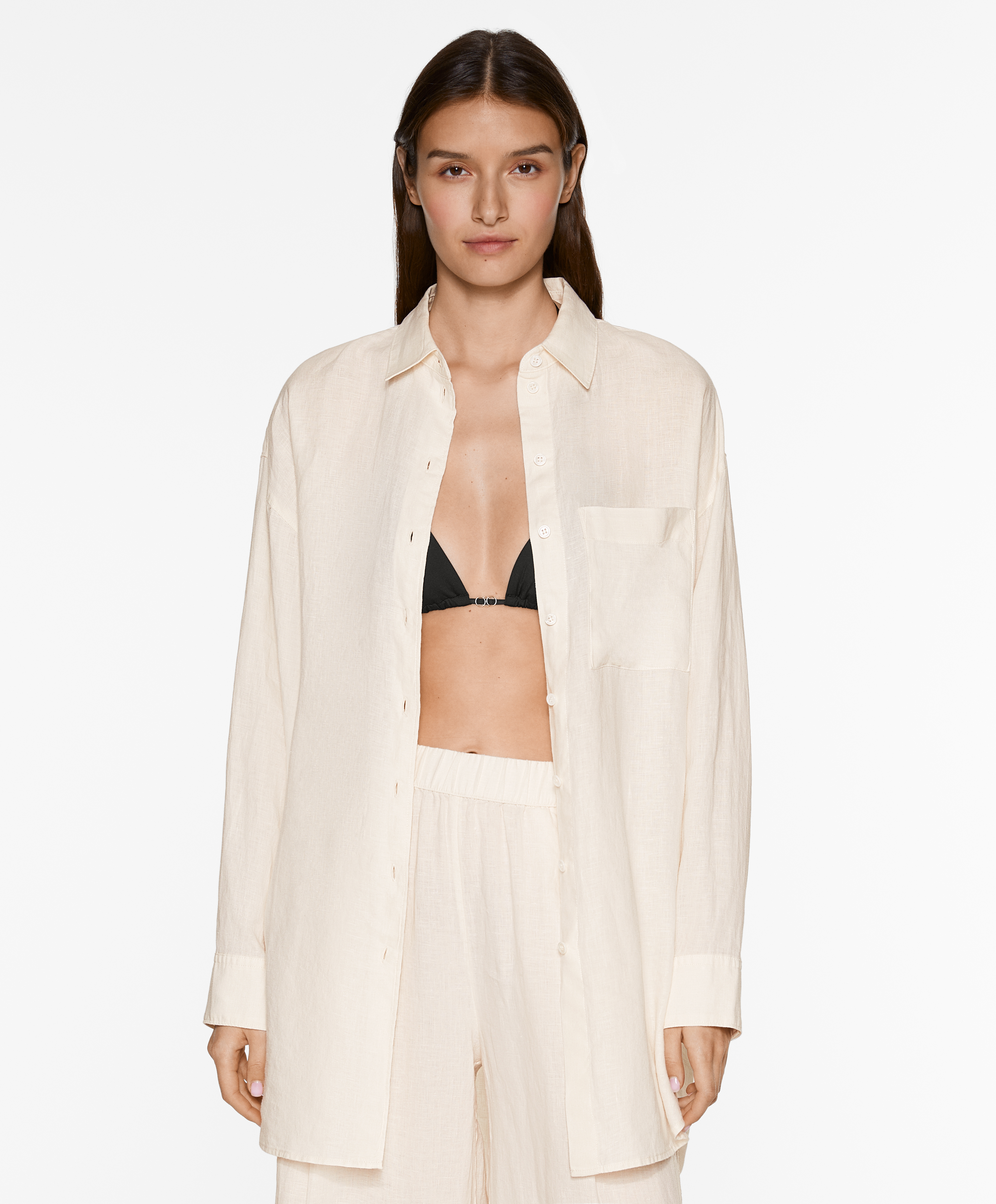 Oversize long-sleeved 100% linen shirt