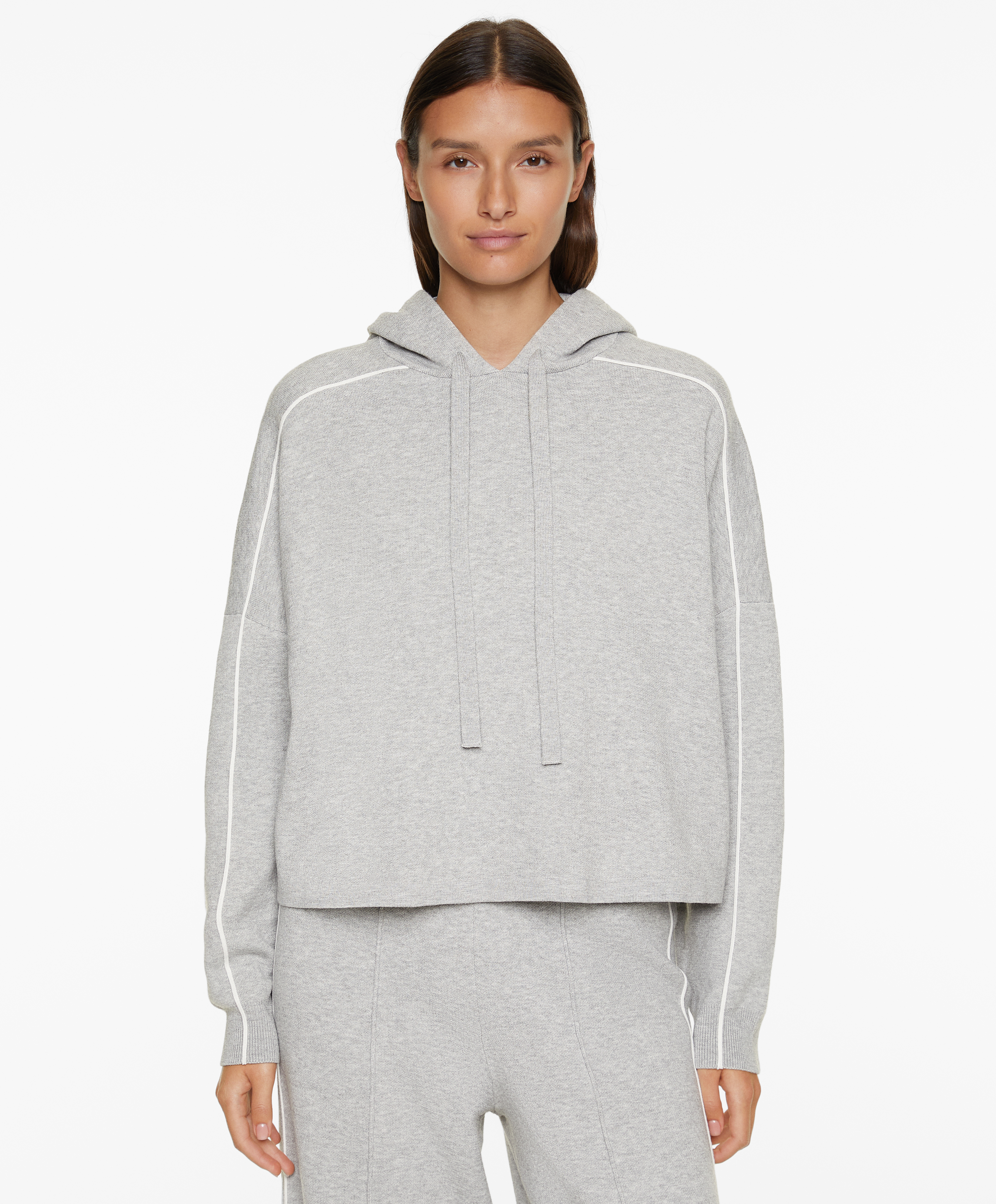 Hooded knit sweatshirt with piping