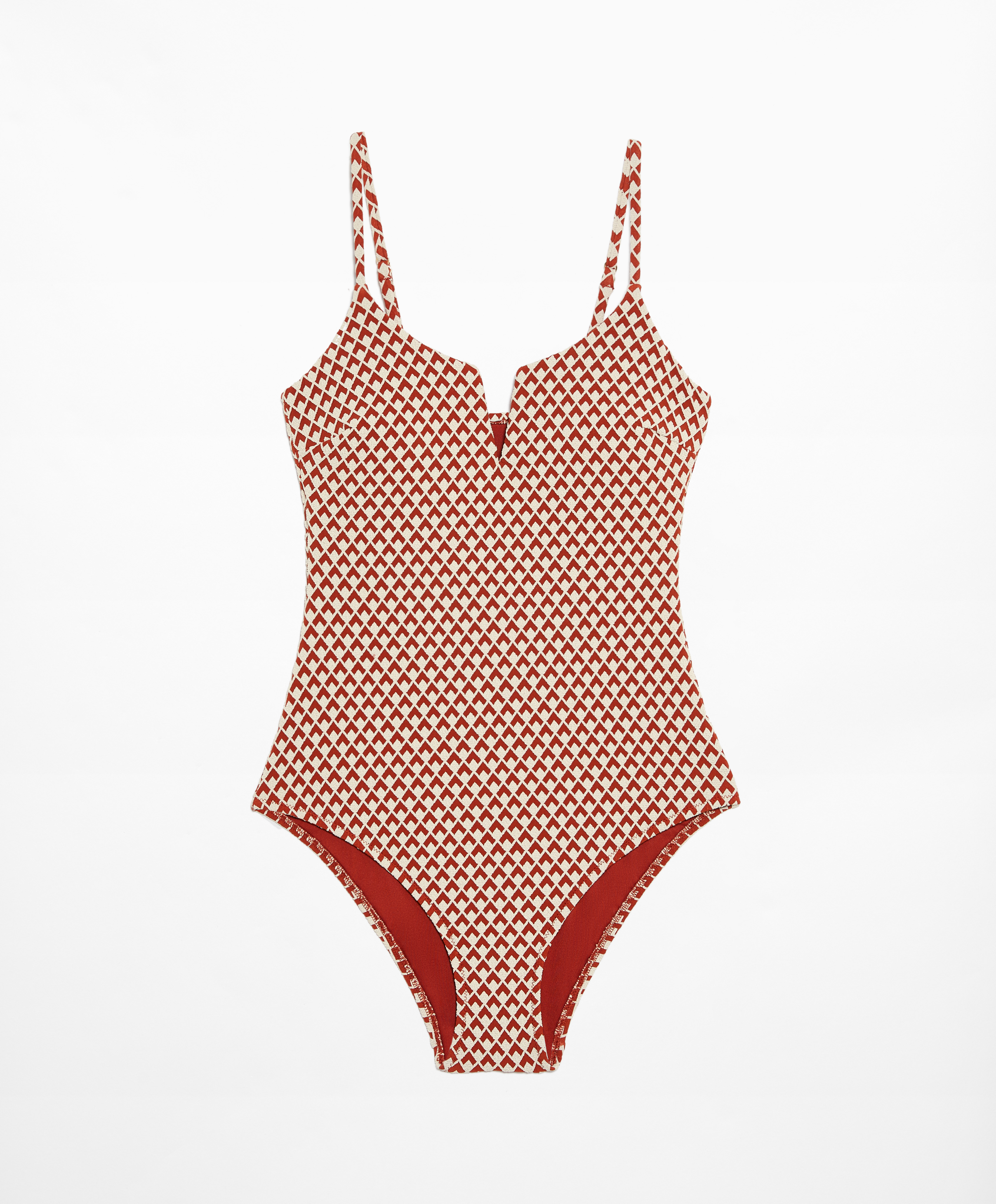 Geometric jacquard V-notch neckline swimsuit