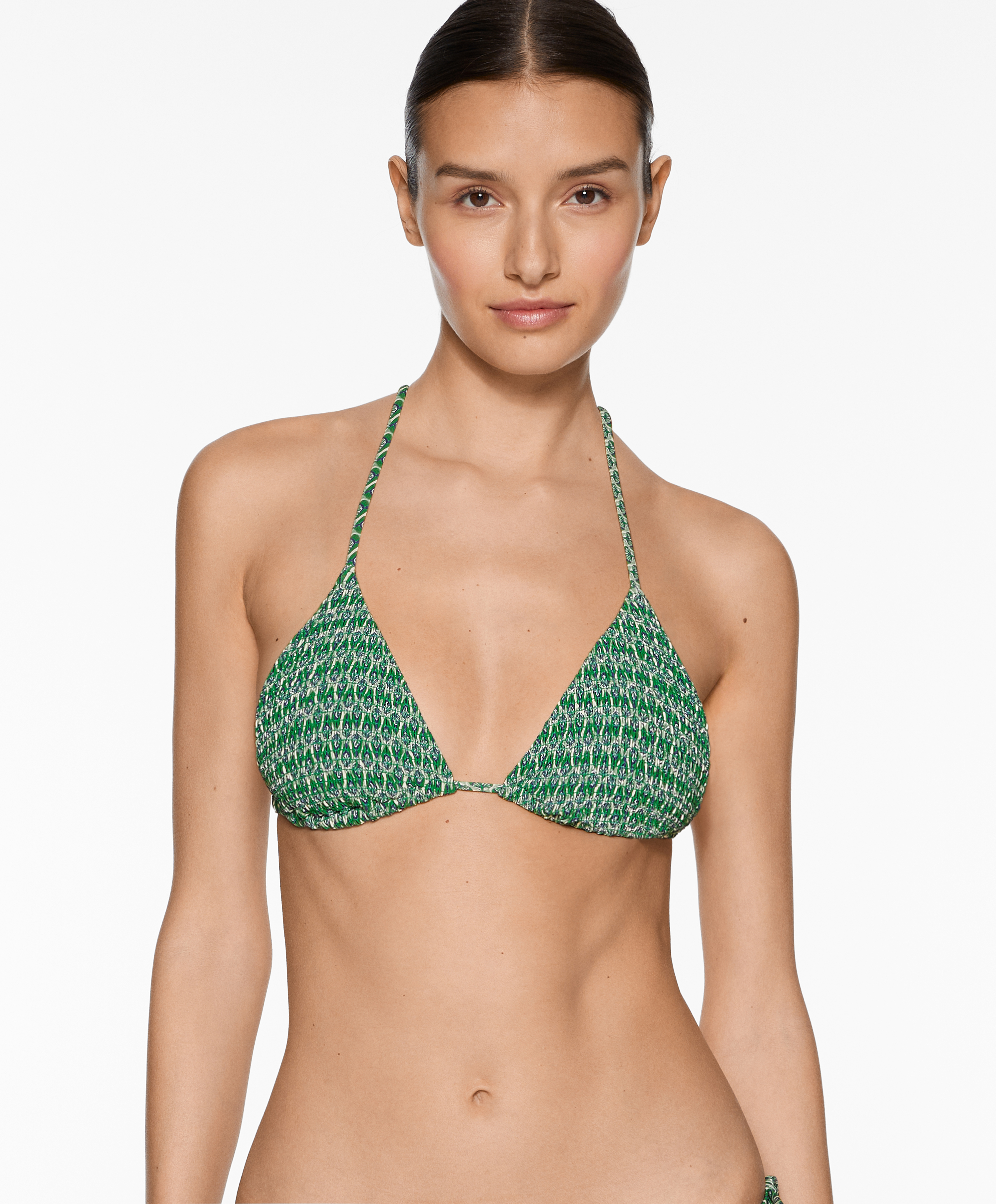 Smock stamp print triangle bikini top