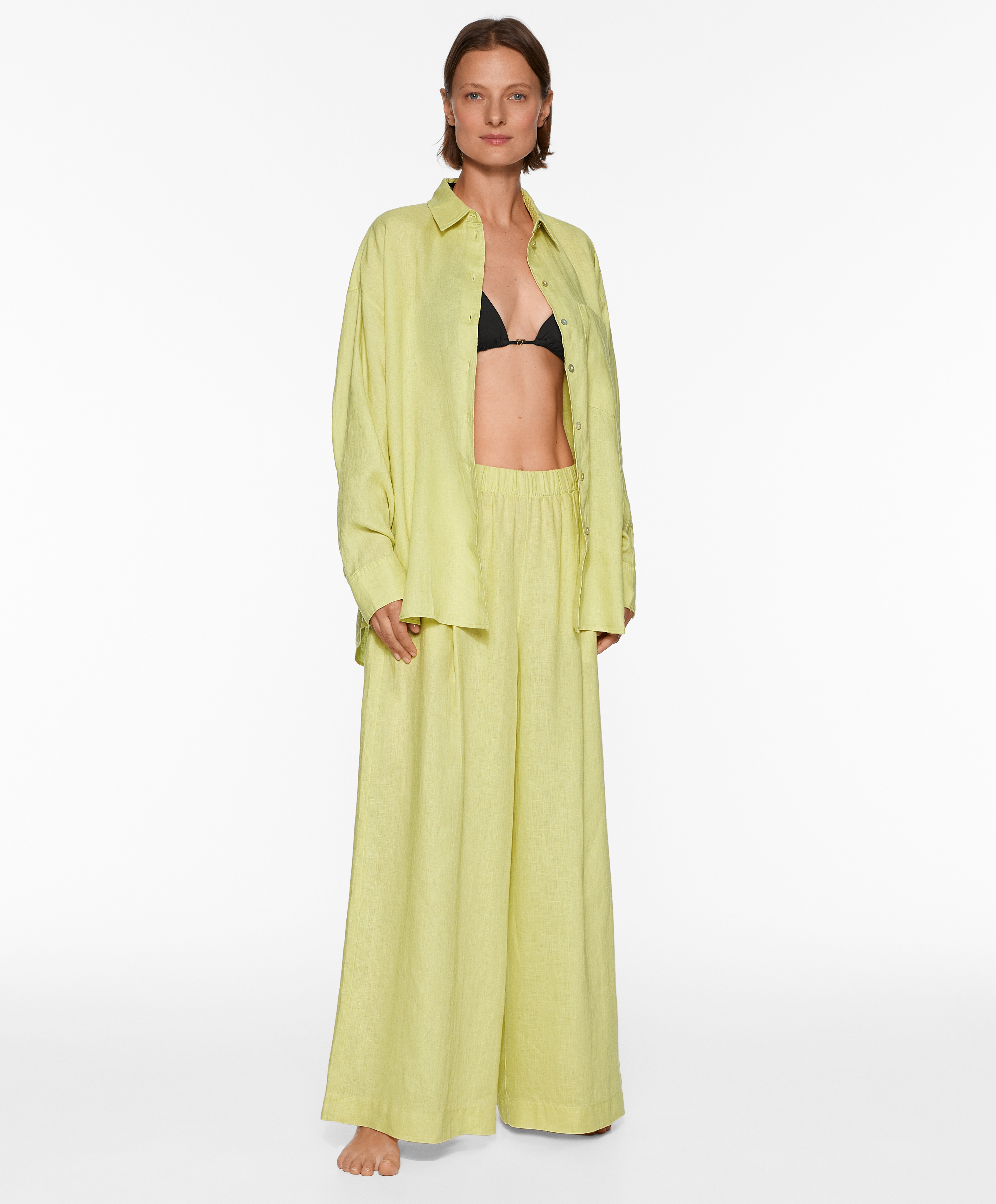 100% linen wide straight-leg trousers