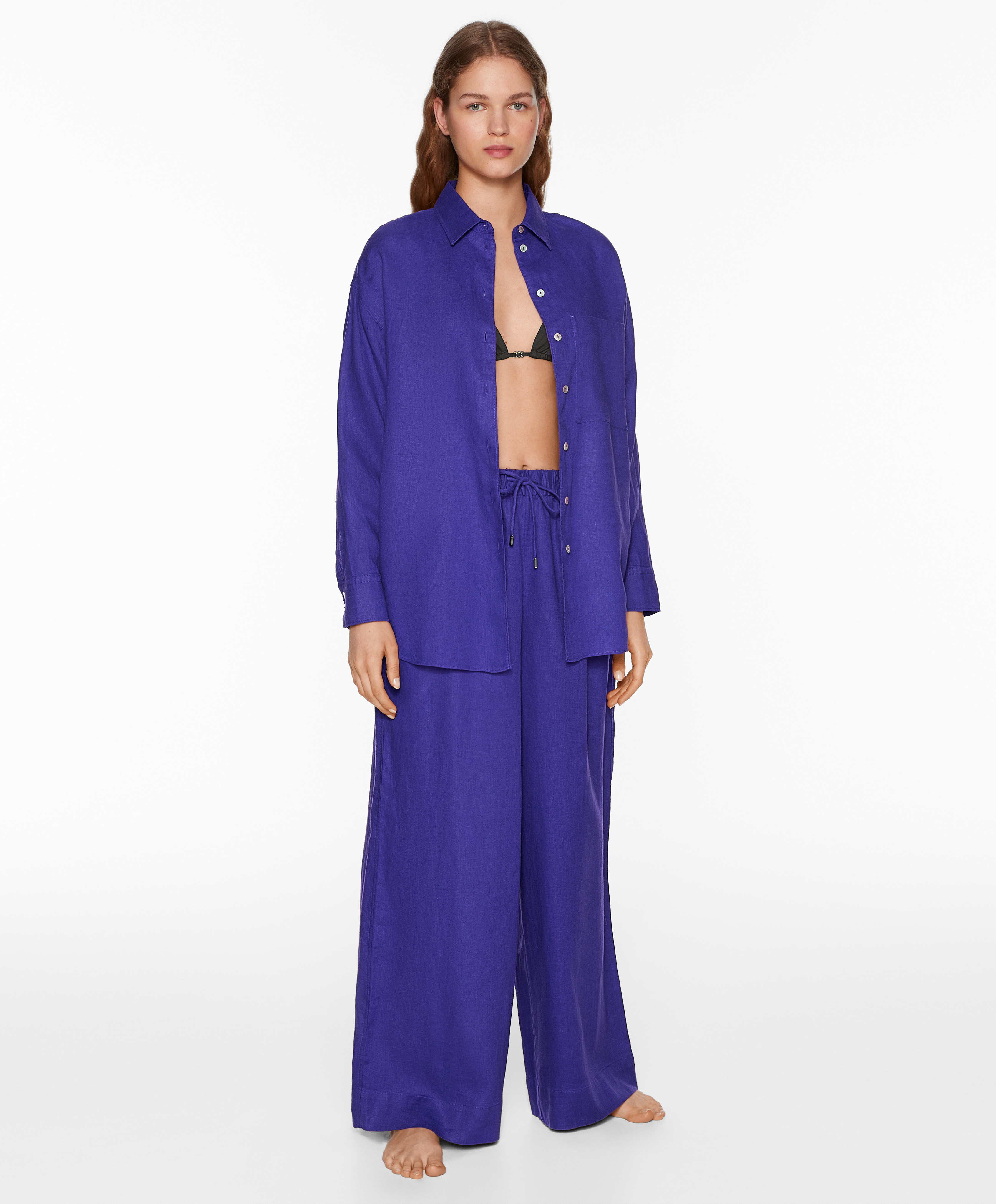 100% linen wide straight-leg trousers