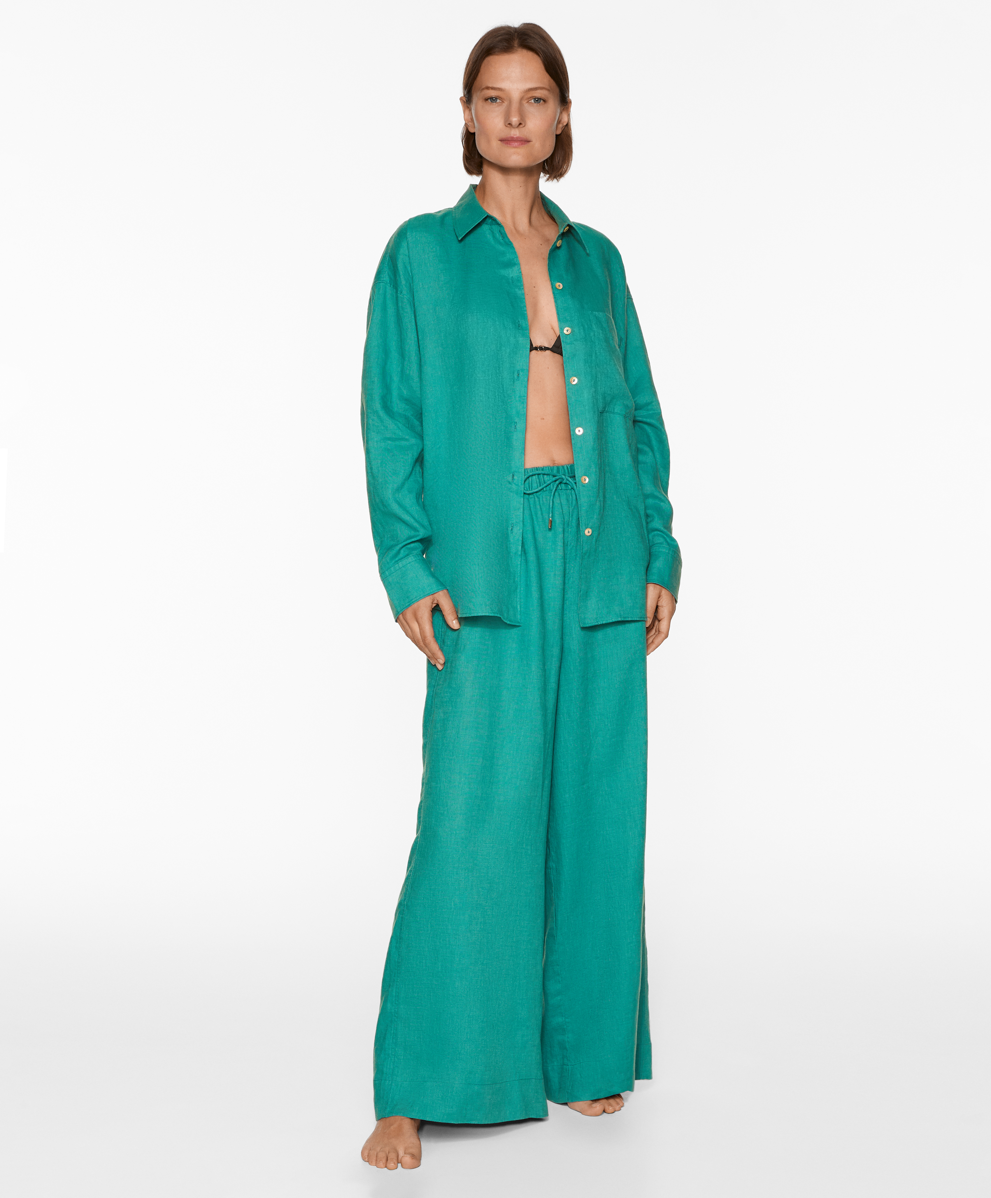 100% linen wide straight-leg trousers