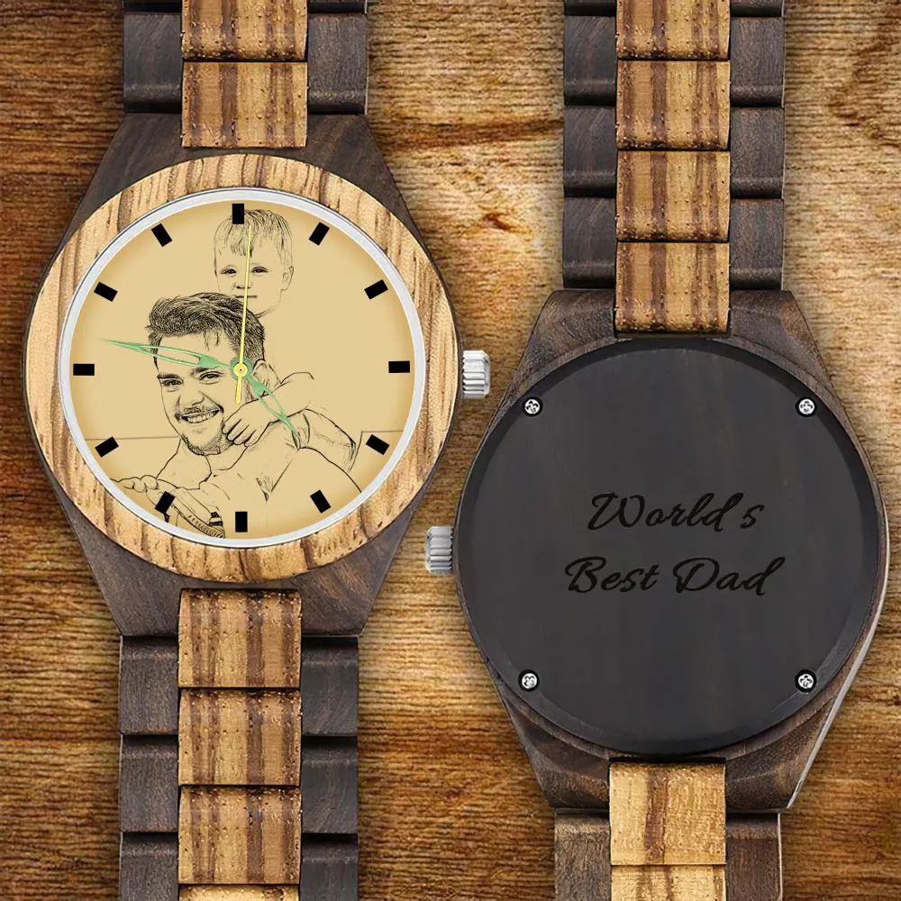 Men's Engraved Wooden Photo Watch Wooden Strap 45mm