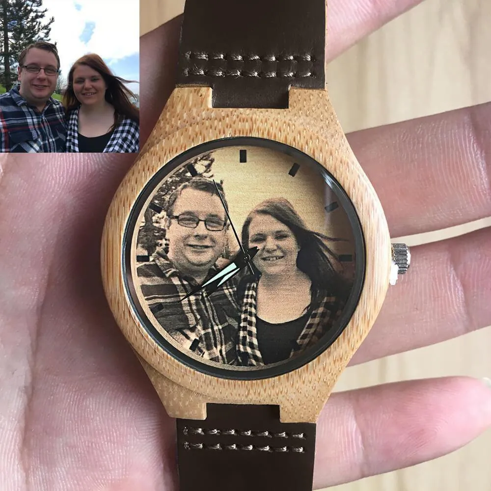 Custom Engraved Wooden Photo Watch Brown Cow Leather Strap
