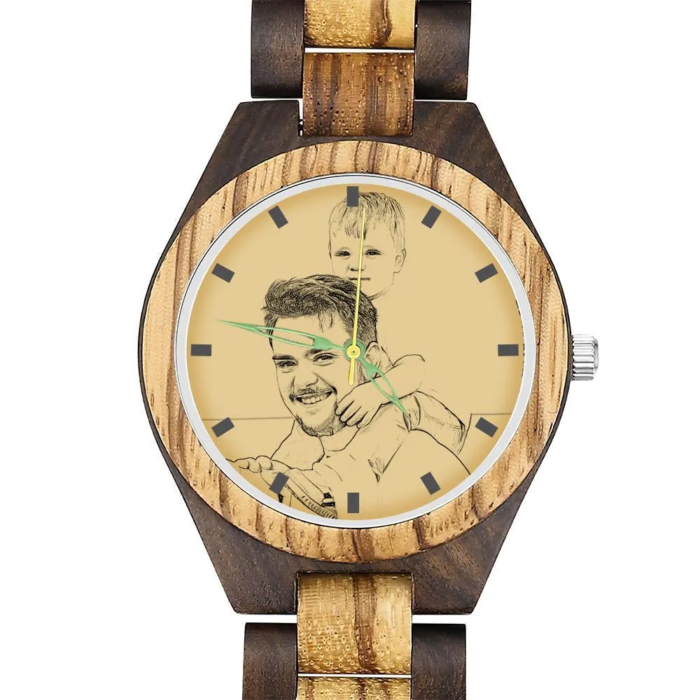 Men's Engraved Wooden Photo Watch Wooden Strap 45mm