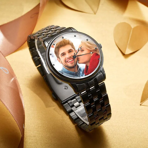 Engraved Men's Black Alloy Bracelet Photo Watch 38mm