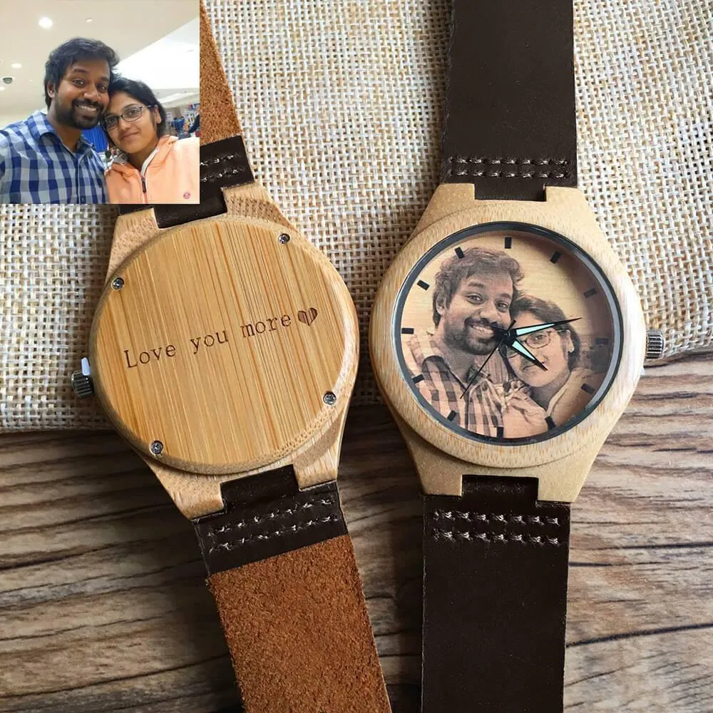 Custom Engraved Wooden Photo Watch Brown Cow Leather Strap