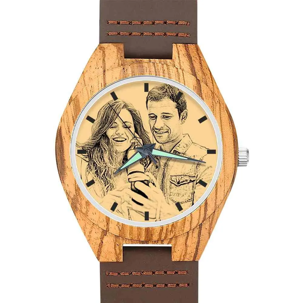 Men's Engraved Wooden Photo Watch Brown Leather Strap 45mm