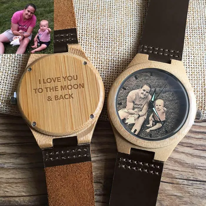 Custom Engraved Wooden Photo Watch Brown Cow Leather Strap