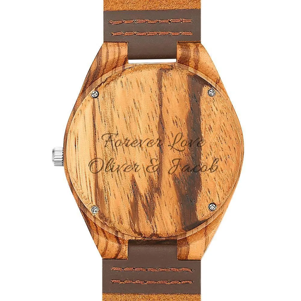 Men's Engraved Wooden Photo Watch Brown Leather Strap 45mm