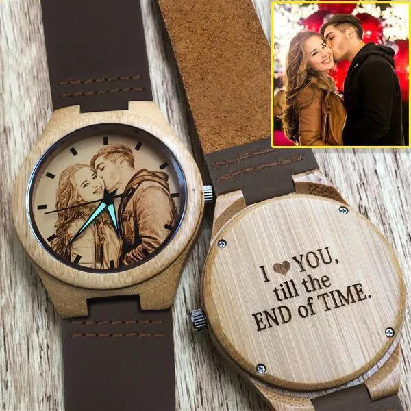 Custom Engraved Wooden Photo Watch Brown Cow Leather Strap