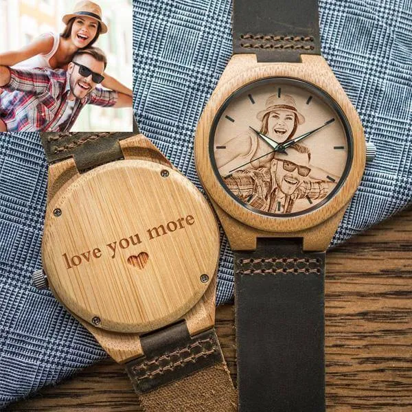 Custom Engraved Wooden Photo Watch Brown Cow Leather Strap