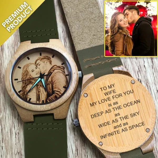 Women's Engraved Bamboo Photo Watch Dark Green Leather Strap 40mm