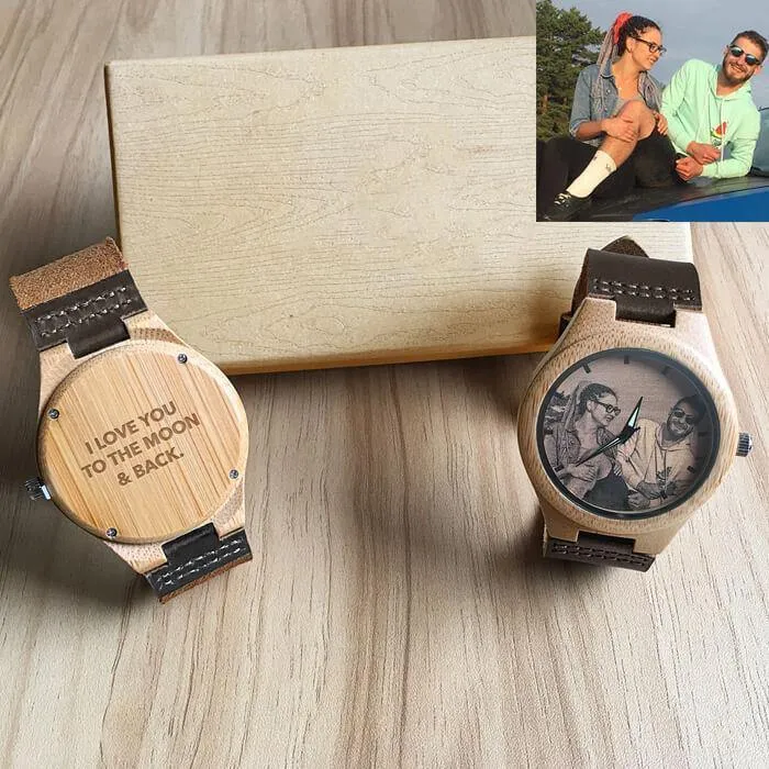 Custom Engraved Wooden Photo Watch Brown Cow Leather Strap
