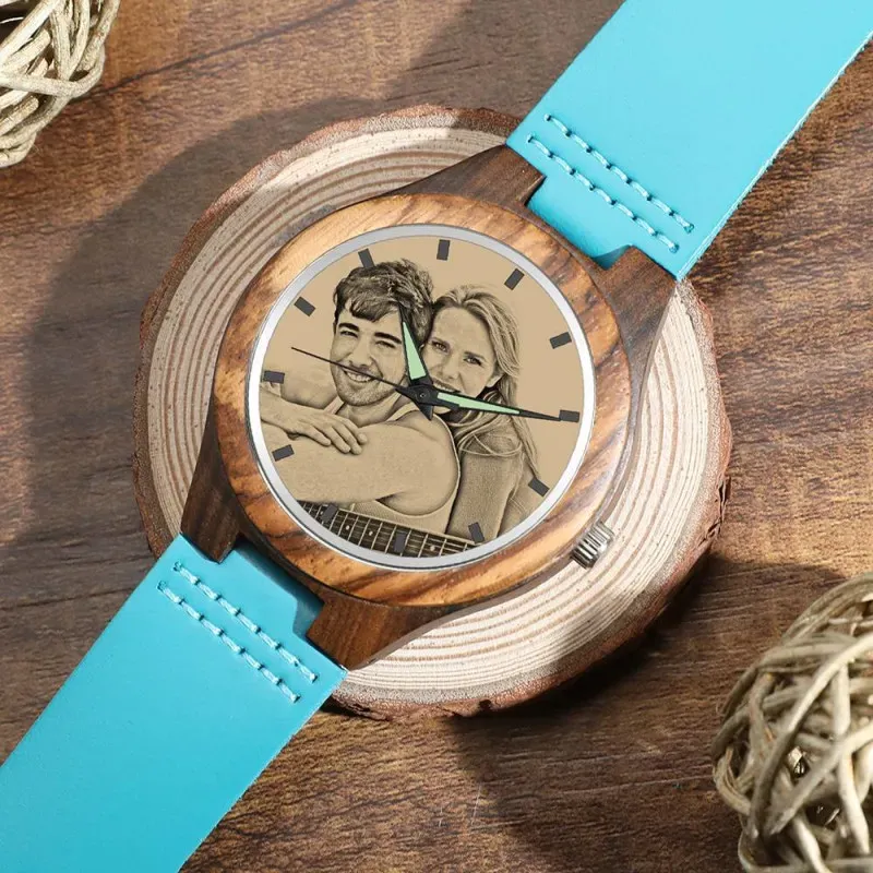 Men's Engraved Wooden Photo Watch Blue Leather Strap
