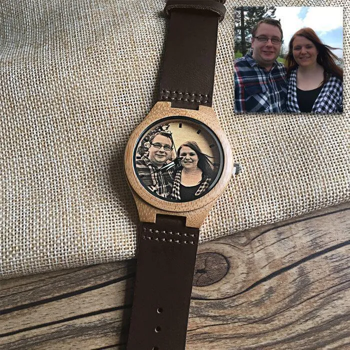 Custom Engraved Wooden Photo Watch Brown Cow Leather Strap