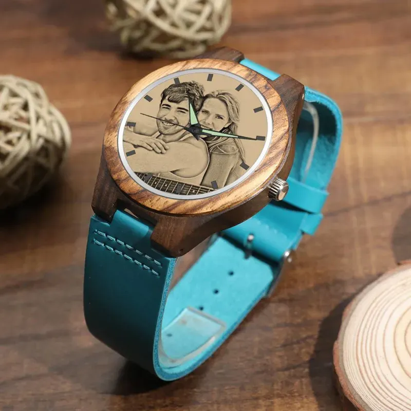 Men's Engraved Wooden Photo Watch Blue Leather Strap